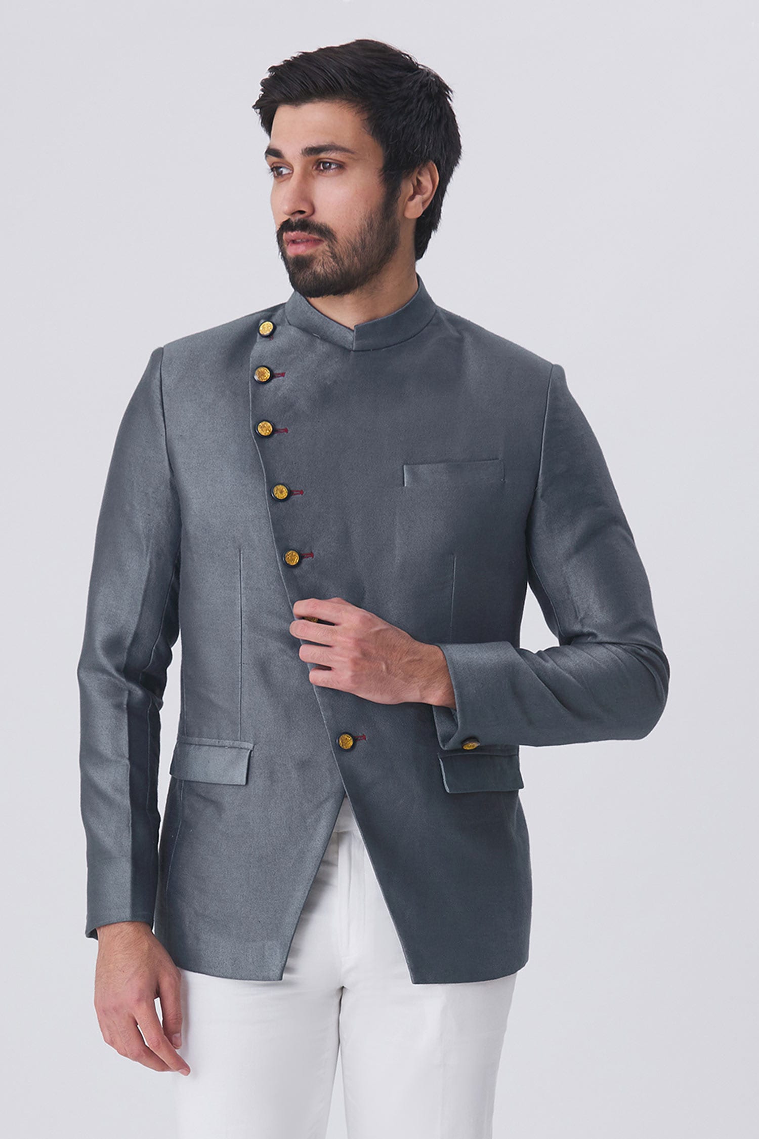 Buy Grey Italian Cotton Overlap Bandhgala For Men by Gaurav Katta ...