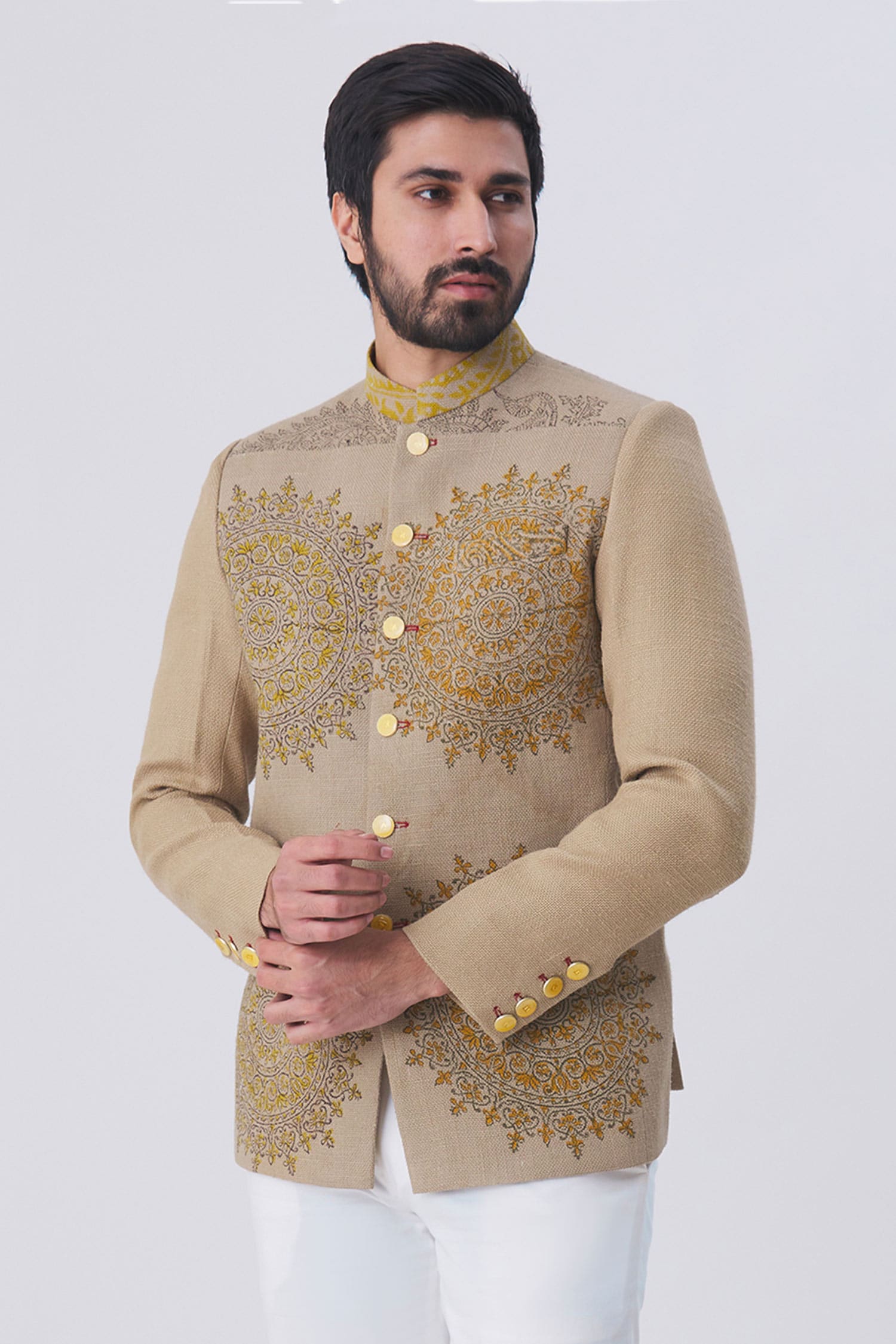 Buy Brown Silk Jute Printed Bandhgala For Men by Gaurav Katta Online at ...