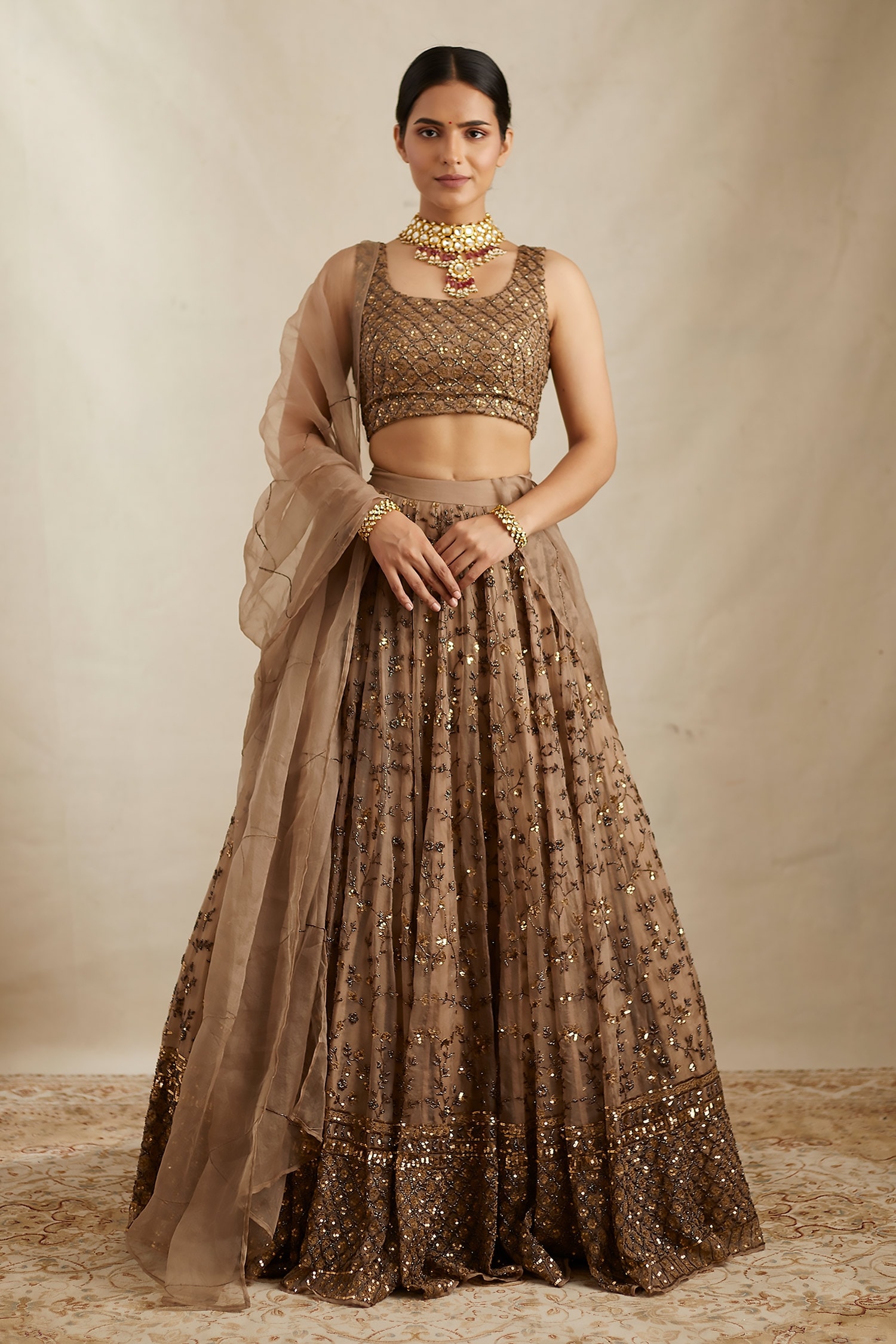 Stylish Brown Color Georgette Fabric Sequins Embroidery Lehenga Choli