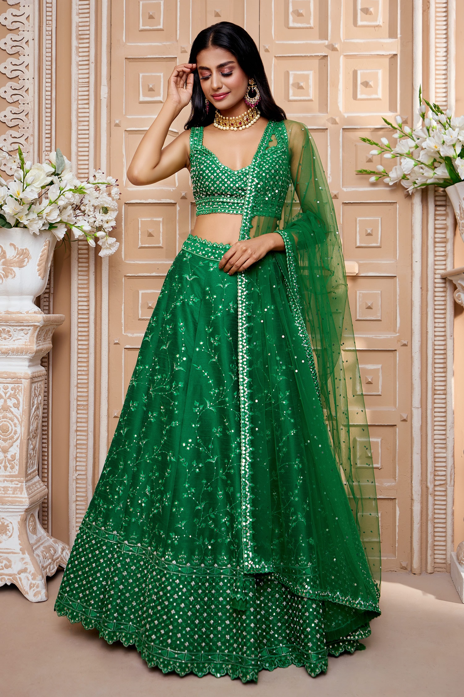 Prevasu - Green Lehenga And Blouse Pure Floral Pattern Embellished Bridal  Set For Women