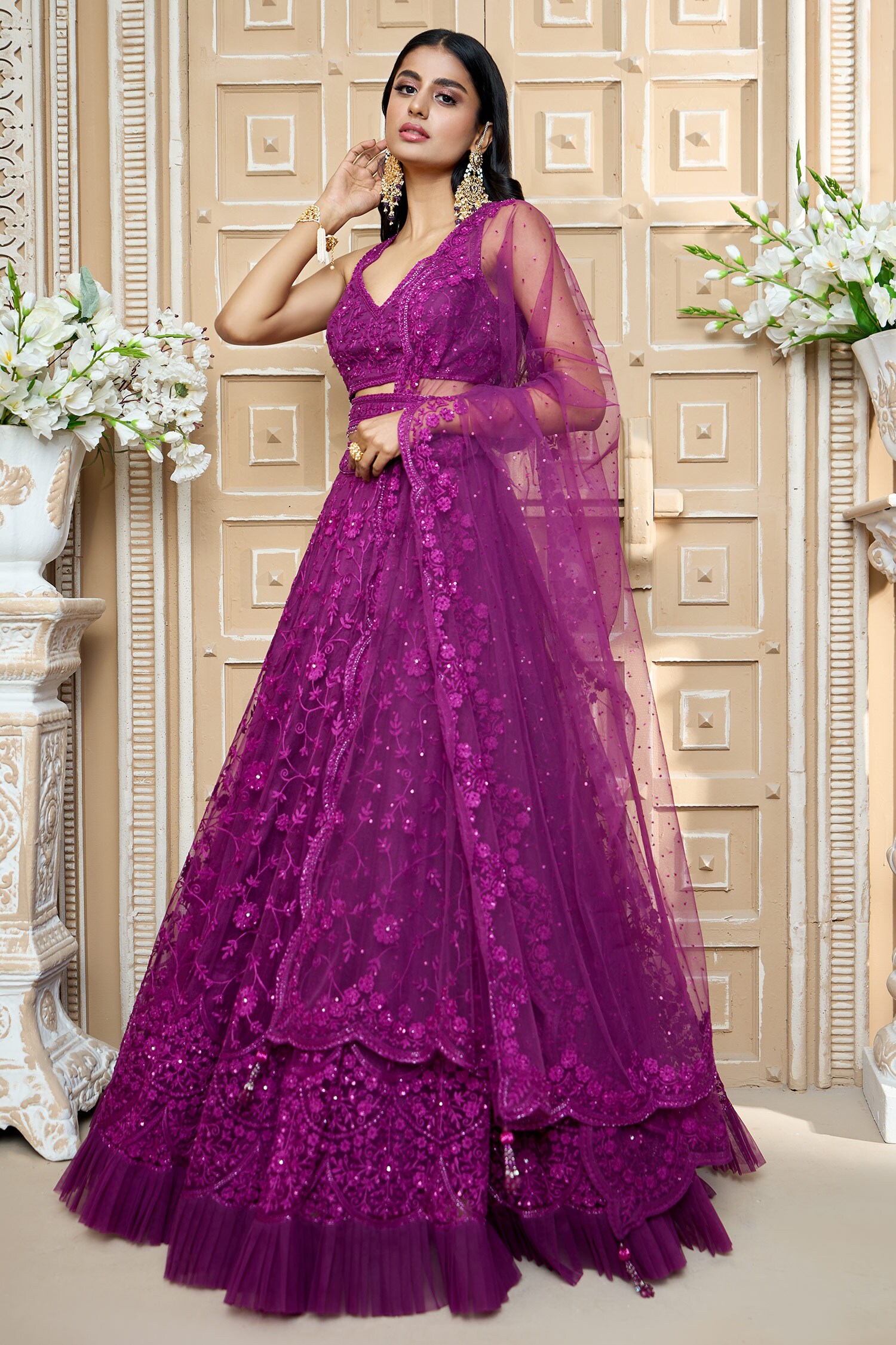 Buy Purple Butterfly Net Embroidered Floral V Neck Lehenga Set For