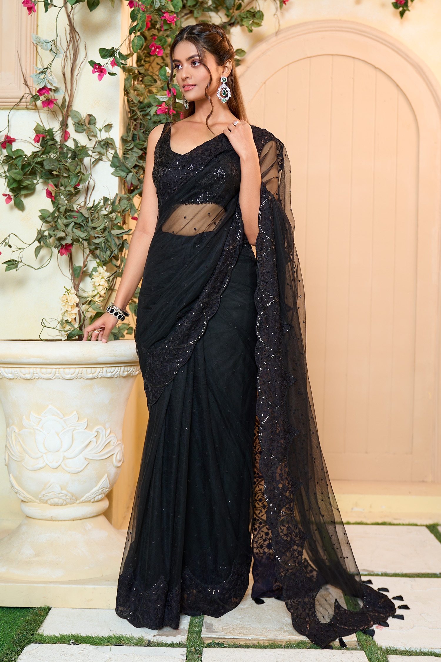 Ariyana Couture Black Saree: Butterfly Net Embroidery Thread And Sequin With Blouse For Women