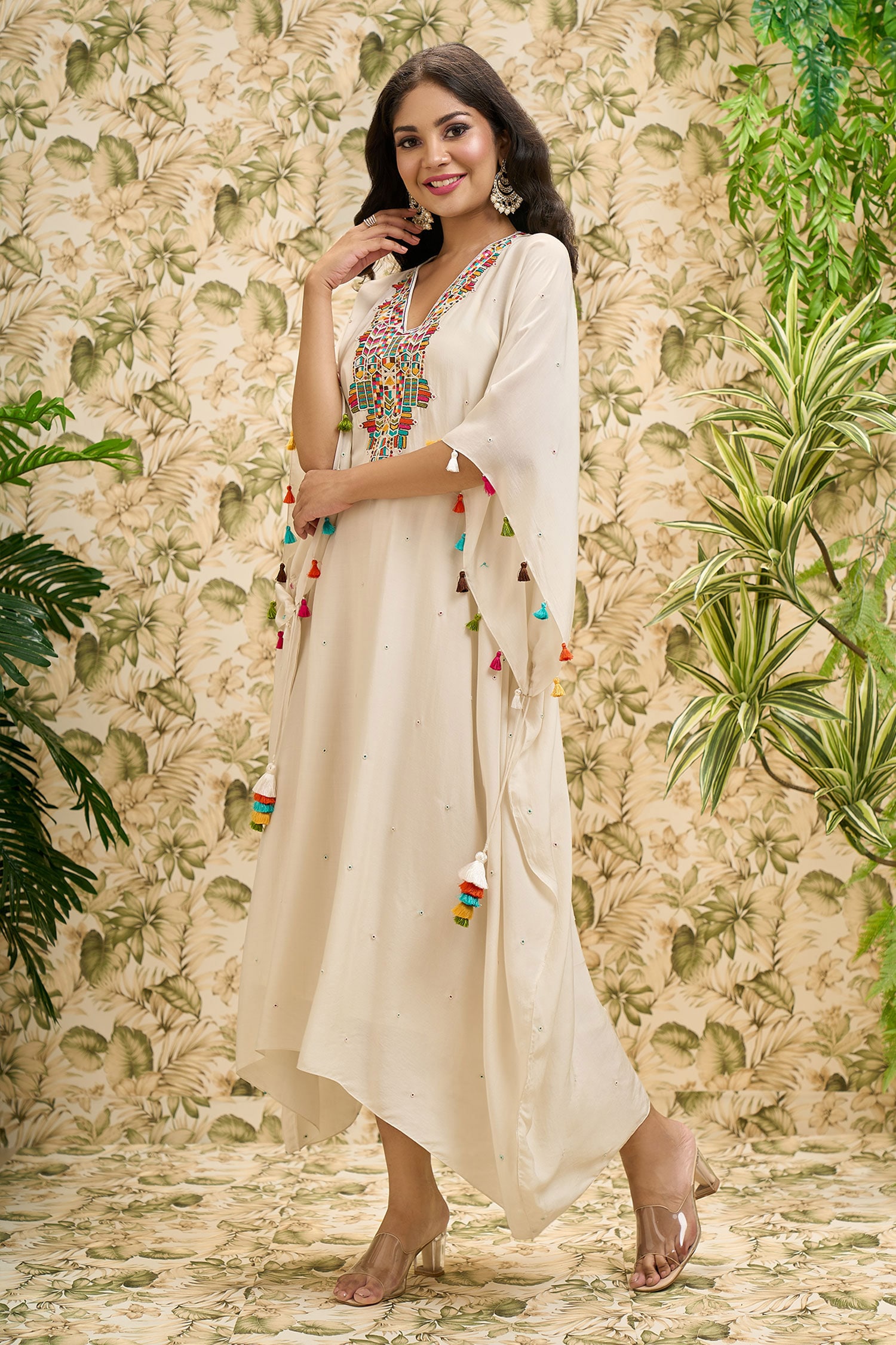 Pearl White Long Silk Kaftan with beautiful drape – Sophia Pakistan