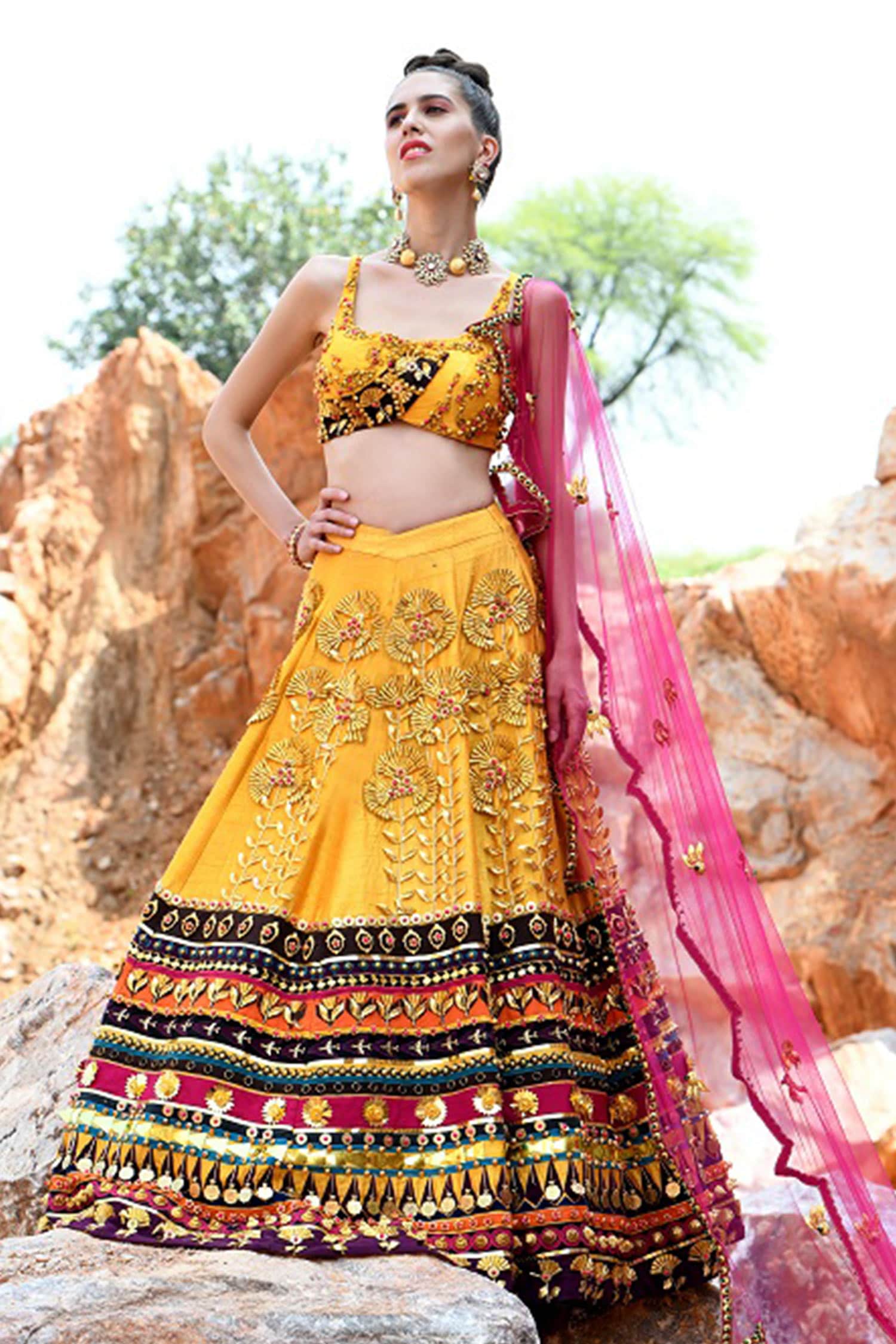 Buy Yellow Raw Silk Scoop Neck 3d Embroidered Lehenga Set For Women By Xoxo Apurva Online At Aza 2079