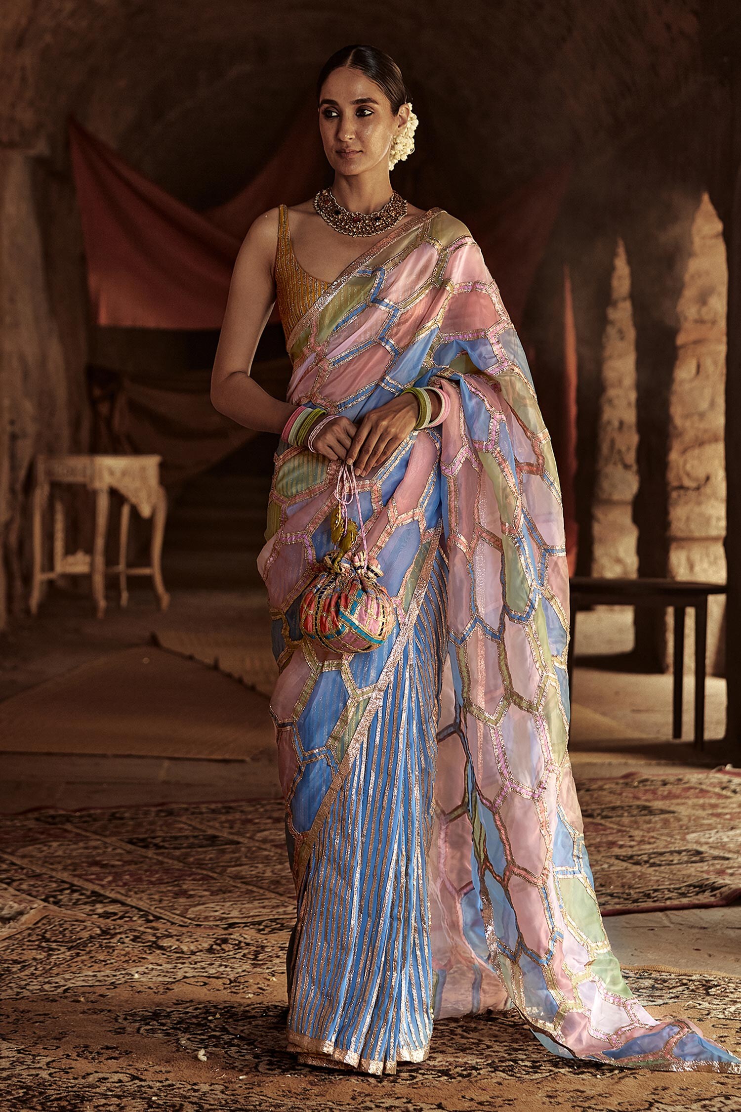 Buy Itrh Multi Color Lampi Pre-draped Saree With Striped Blouse Online ...