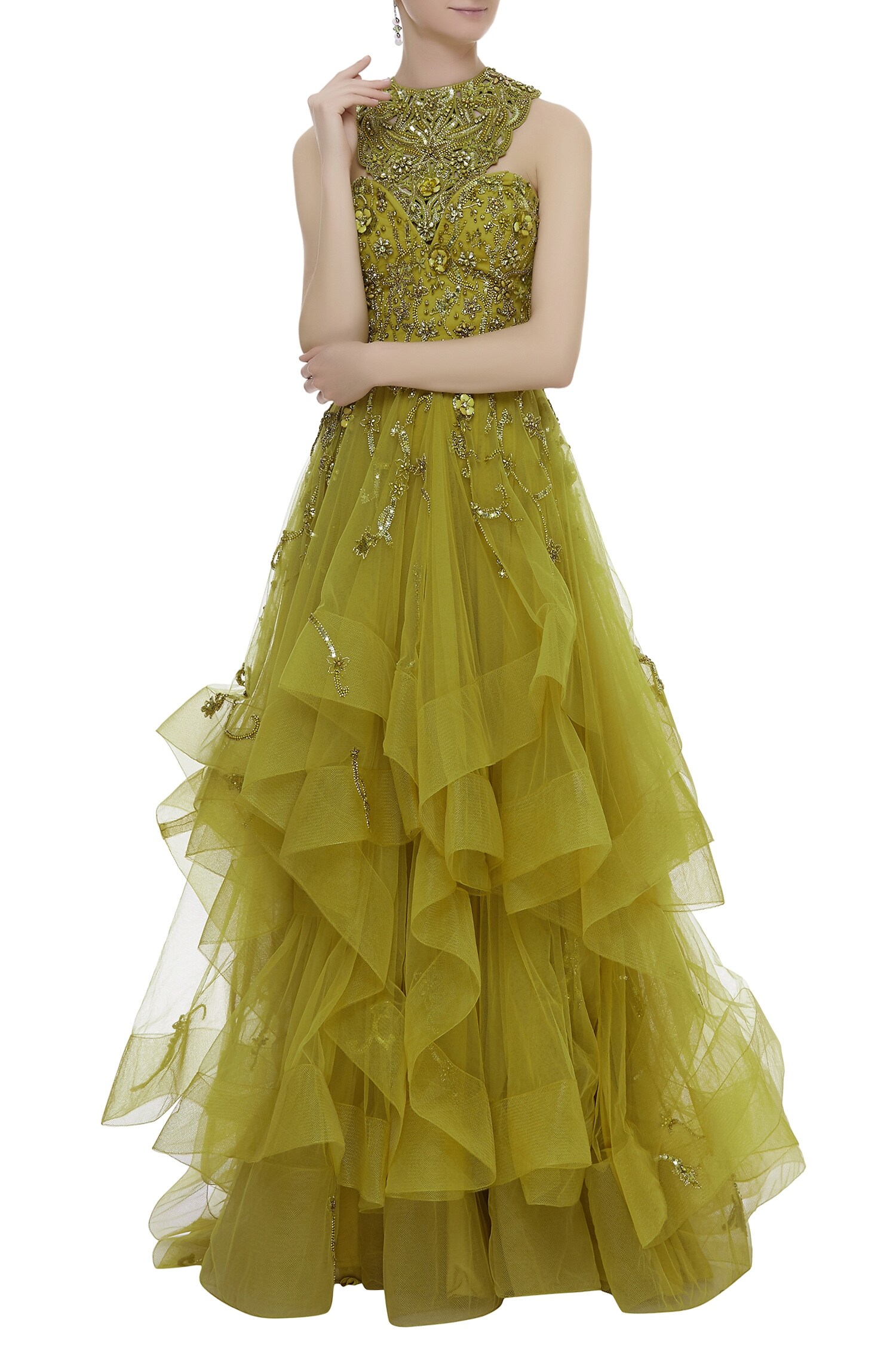 Buy Yellow Embellished Layered Gown For Women by Karleo Online at Aza ...