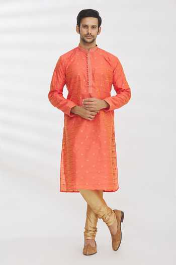 Orange Brocade Woven Kurta main image 1