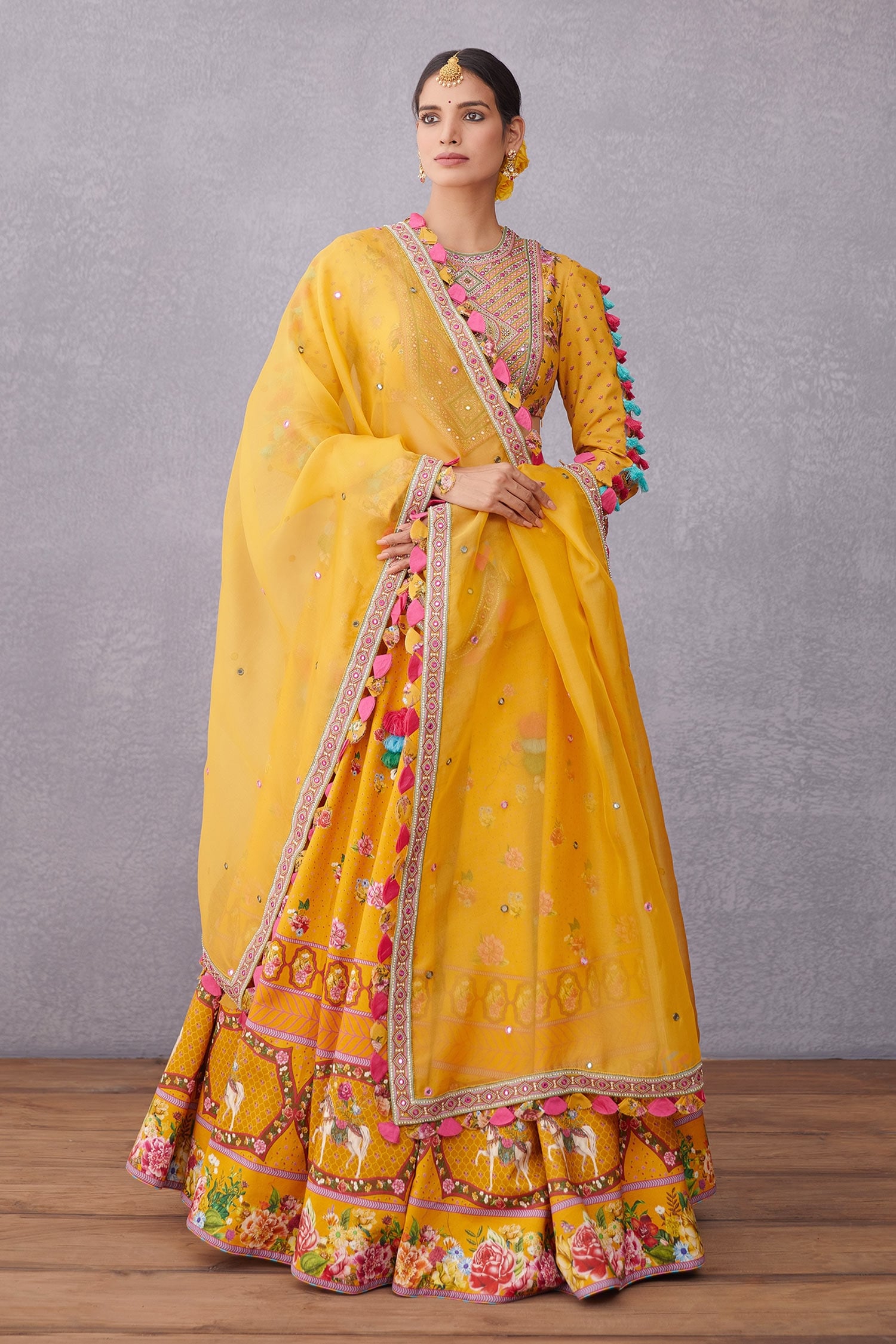 Buy Rangpur Yellow Lehenga Set With Pink Dupatta (Set of 3) online