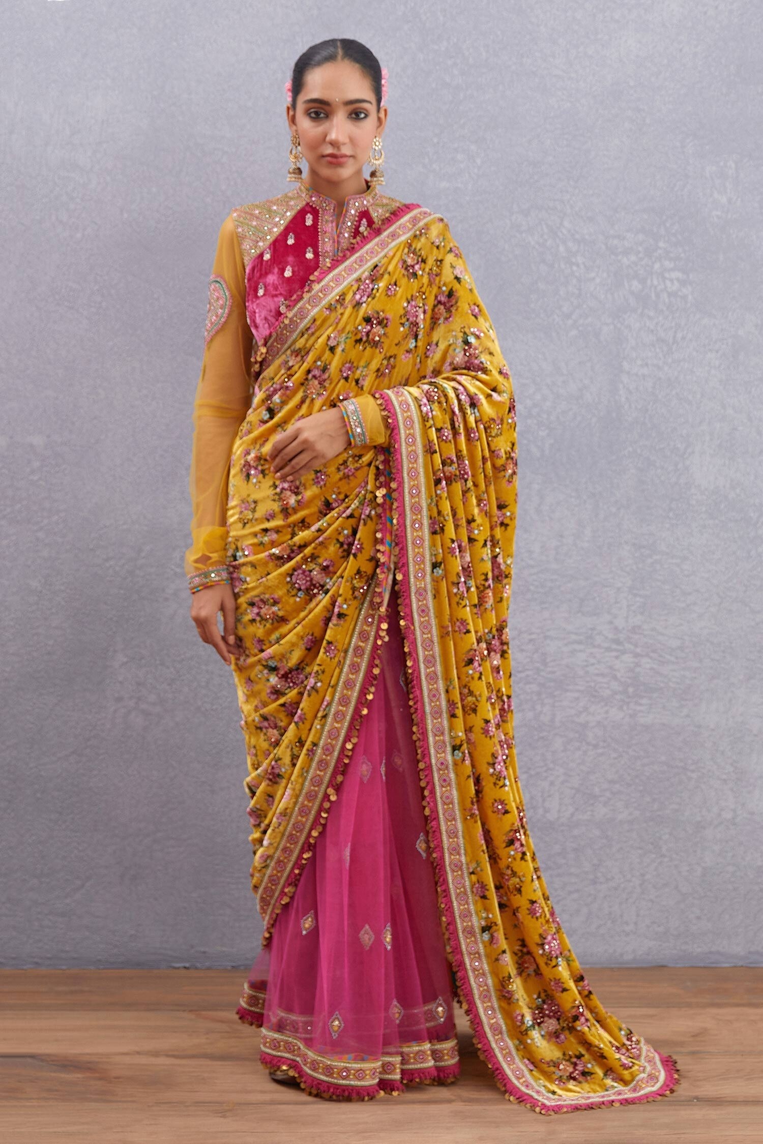 Torani Yellow Pure Silk Velvet Sunehra Guldabri Saree For Women