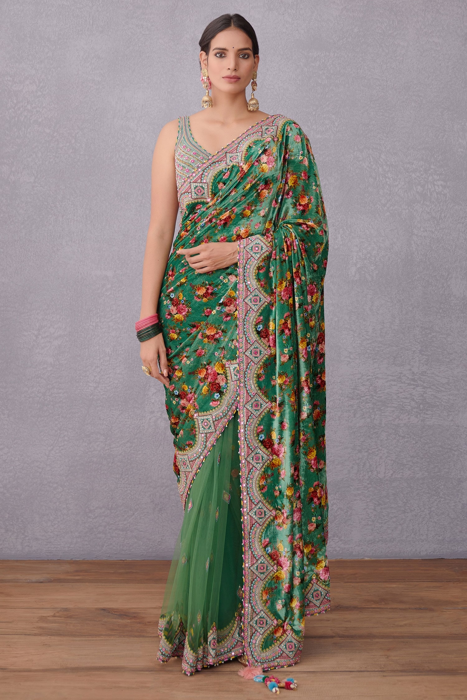 Torani Green Velvet Panna Guldabri Saree For Women