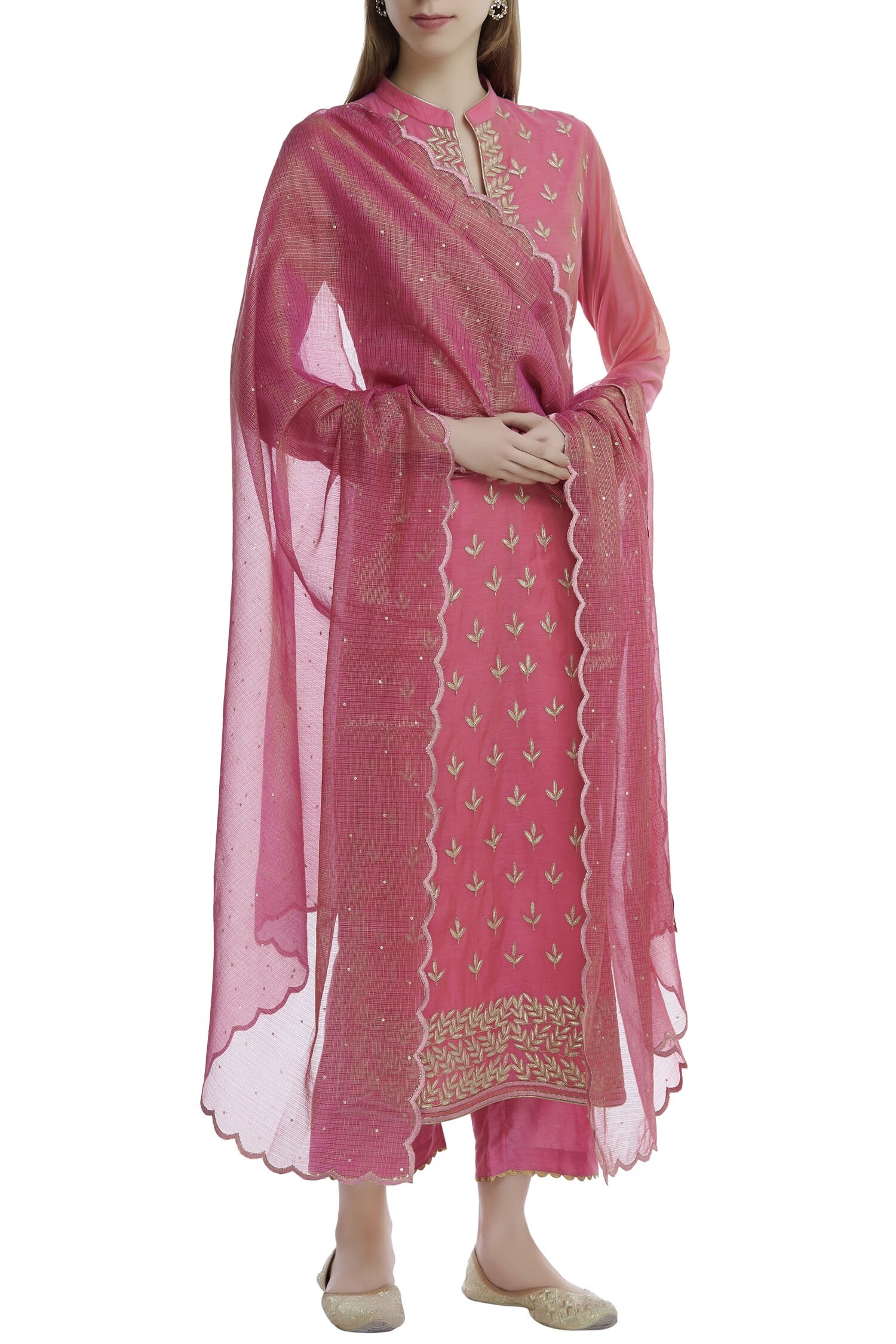 Buy Pink Band Collar Embroidered Kurta Set For Women by Aiman Online at