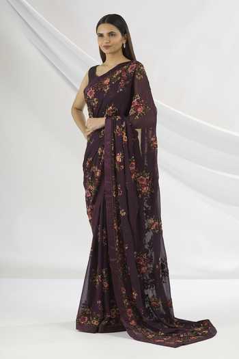 Buy Nakul Sen Purple Floral Embroidered Saree With Blouse Online Aza 