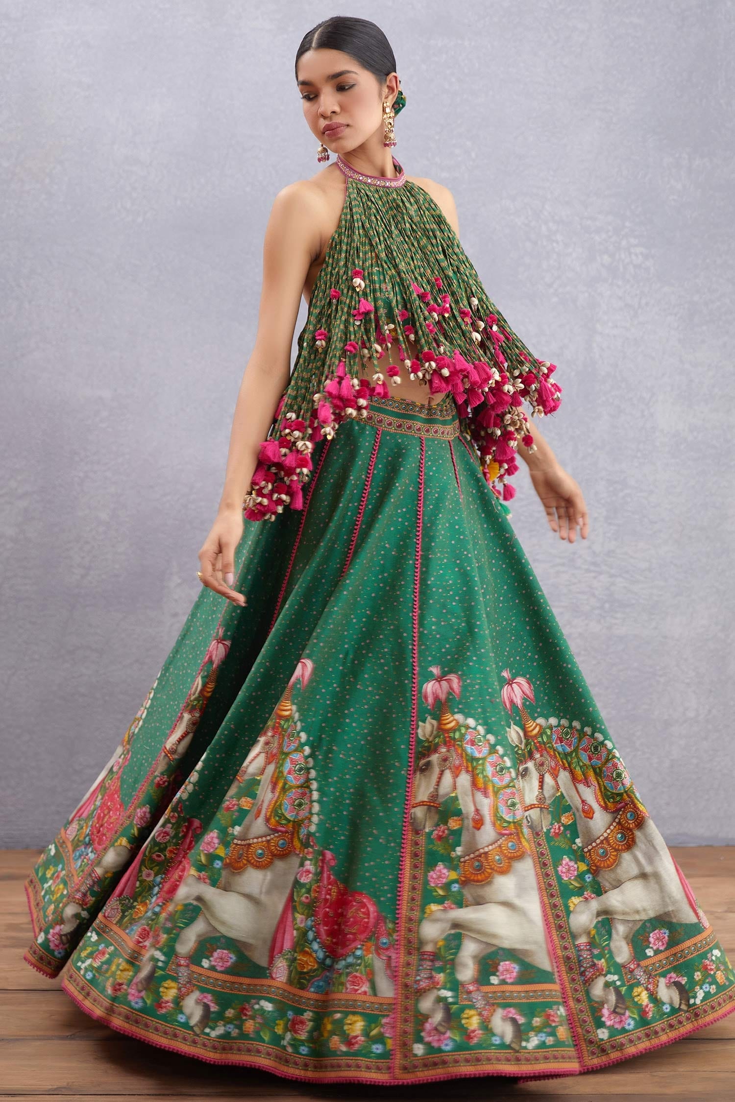 Torani Green Embroidery Round Panna Ashvamedha Lehenga And Blouse Set For Women
