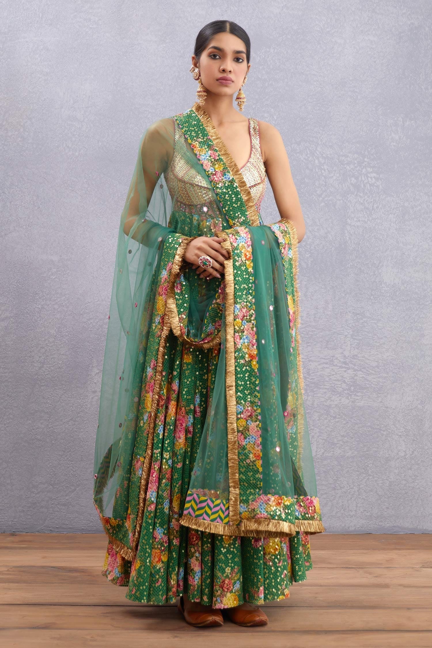 Buy Green Anarkali: Sequins Fabric Panna Rabia Sitara Dhari With ...