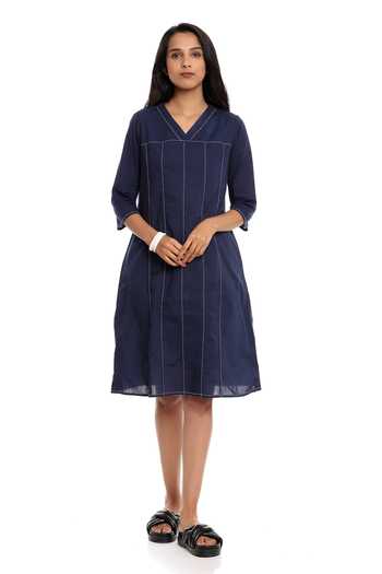 Buy Blue Cotton Voile Thread V Neck A-line Dress For Women by Abraham And  Thakore Online at Aza Fashions in US