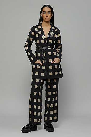 White and Black Cross Stitch Embroidery Cotton Shirt Pant Set of 2