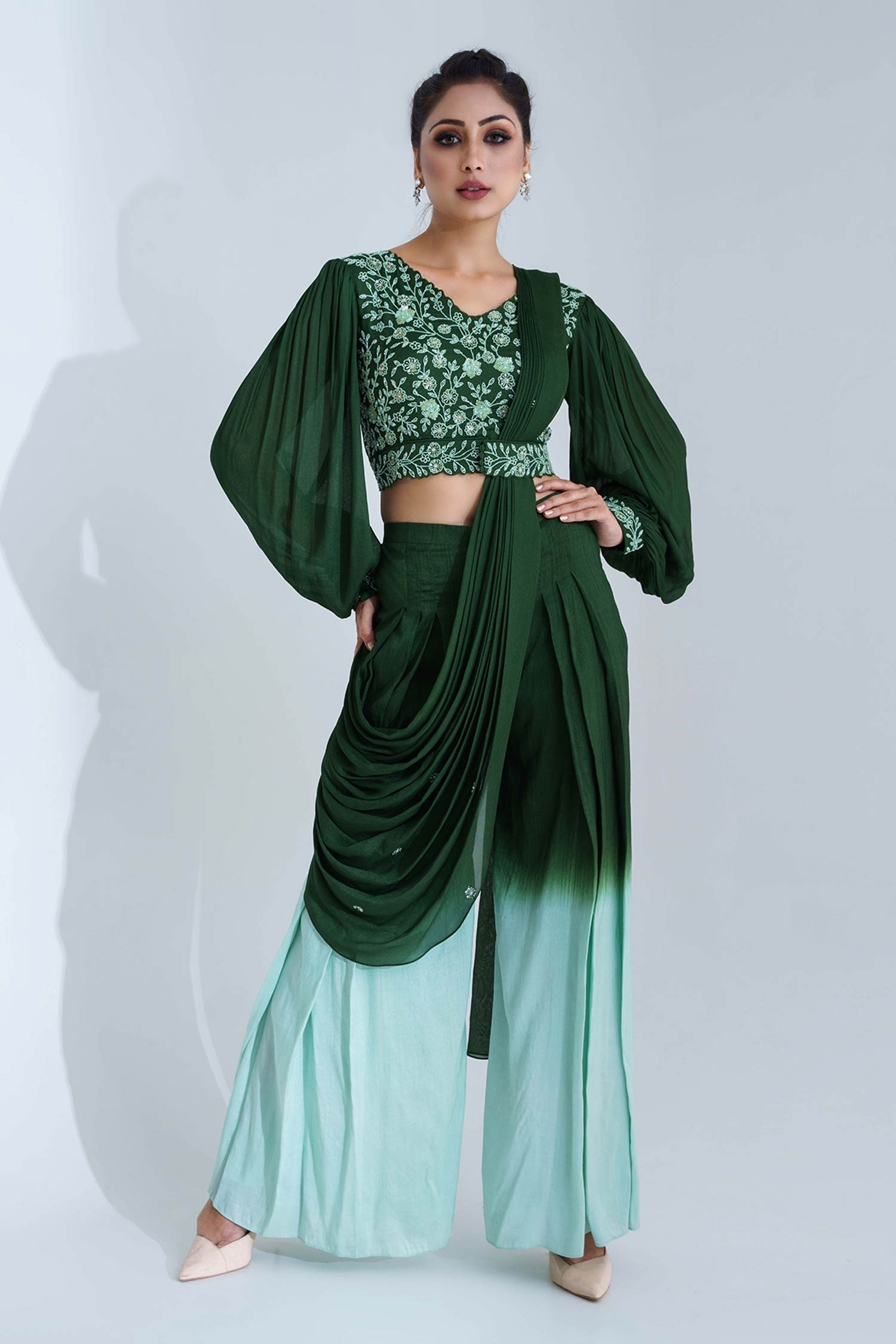Buy Suruchi Parakh Green Tussar Silk Pre-draped Pant Saree Set Online ...