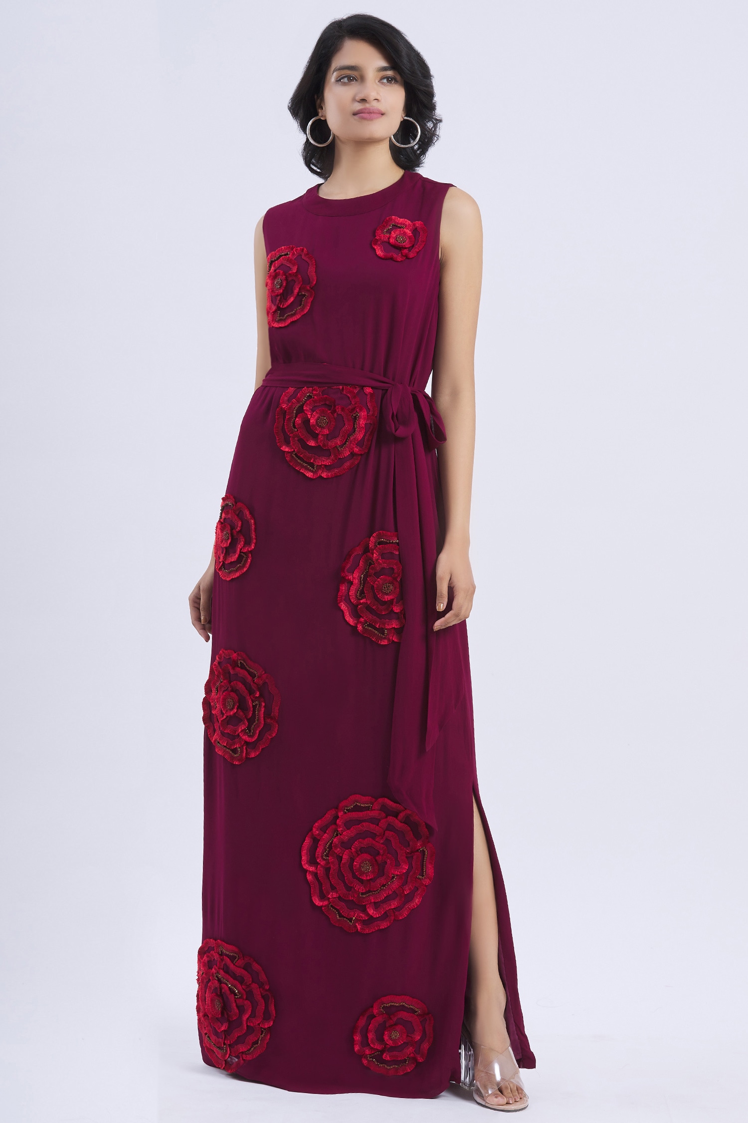 Buy Urvashi Joneja Wine Embroidered Maxi Dress Online | Aza Fashions