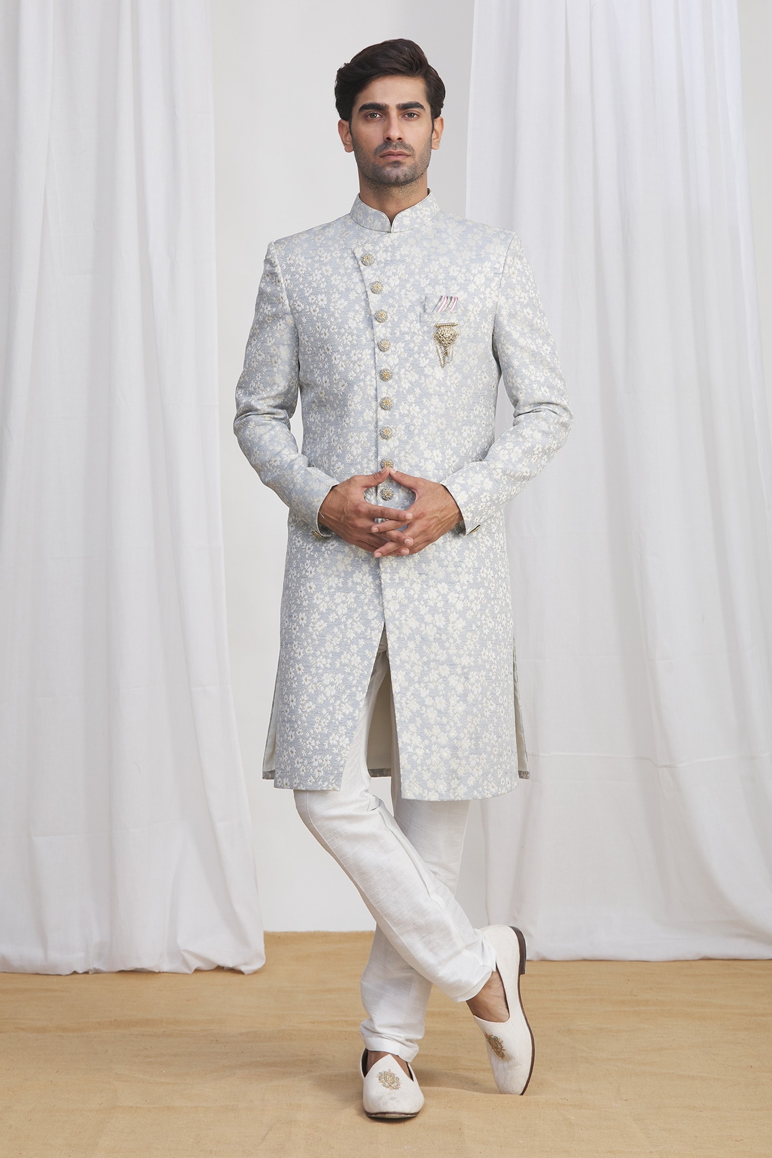 Samyukta Singhania Grey Sherwani: Jacquard Silk Brocade; Pant: Dupion Art Silk; And Set For Men