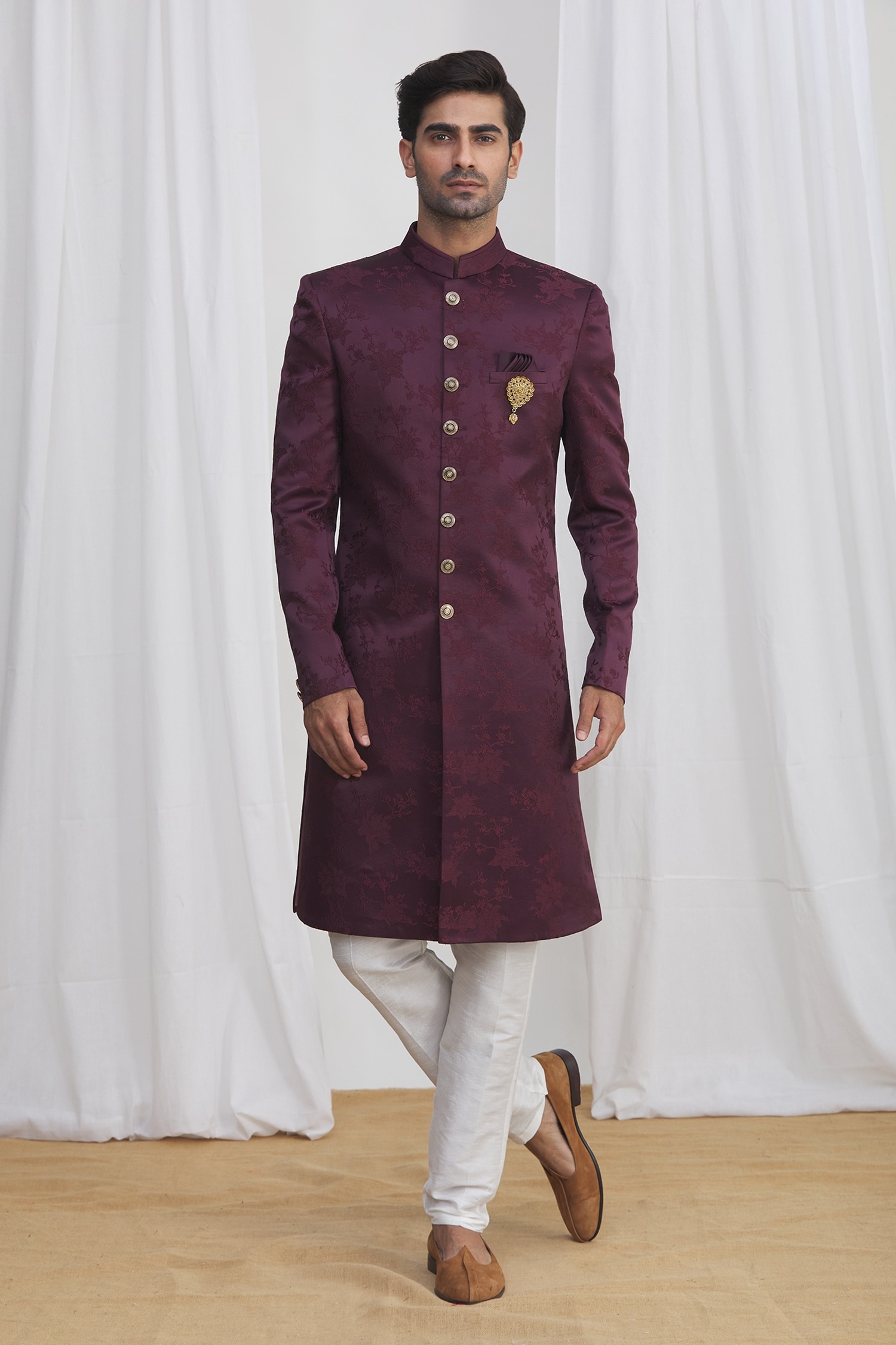 Buy Purple Sherwani: Jacquard Silk Brocade And Pant Set For Men by ...