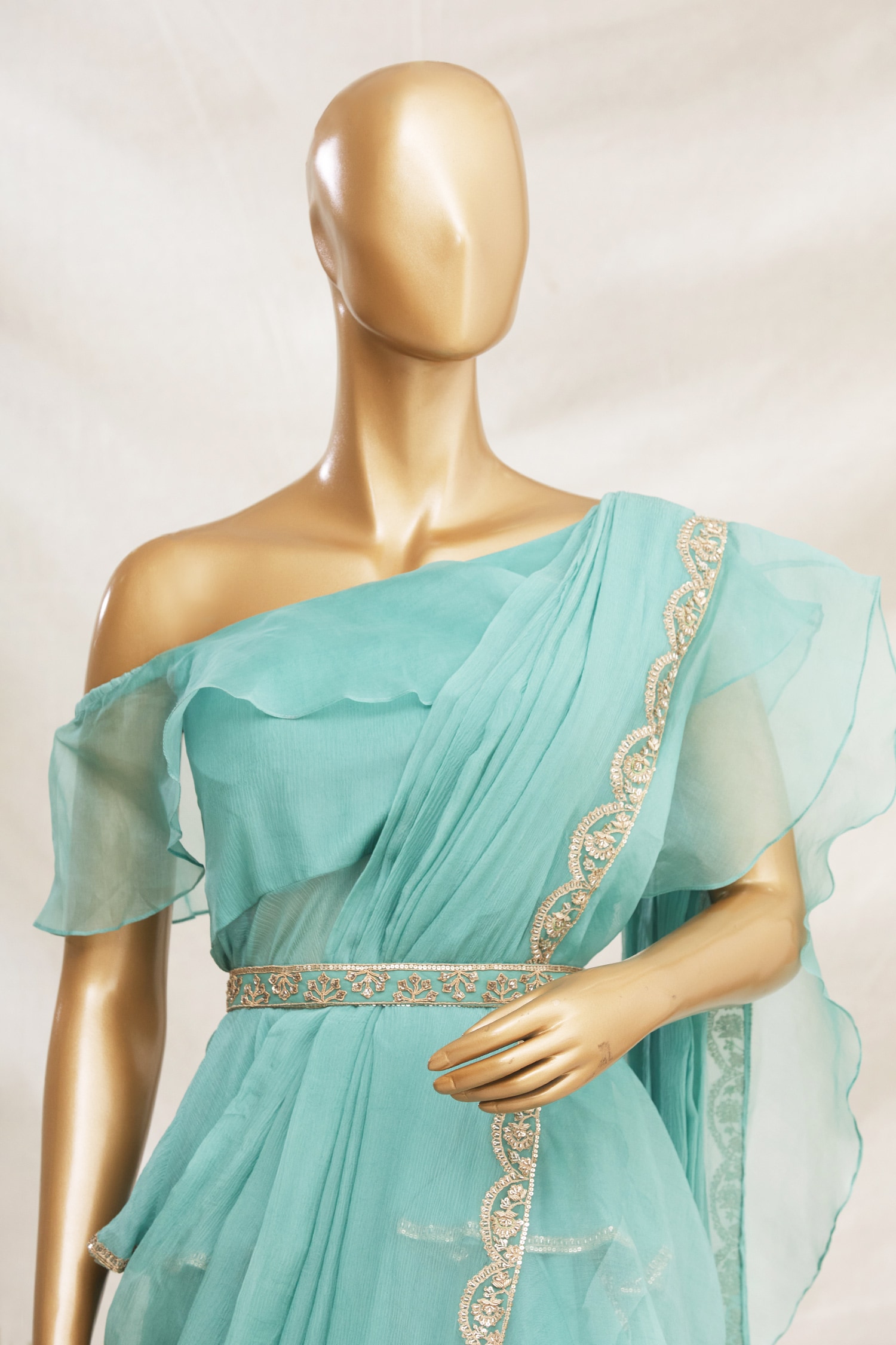 Buy Ruffle Pre-Draped Saree with Blouse by Ridhi Mehra at Aza Fashions