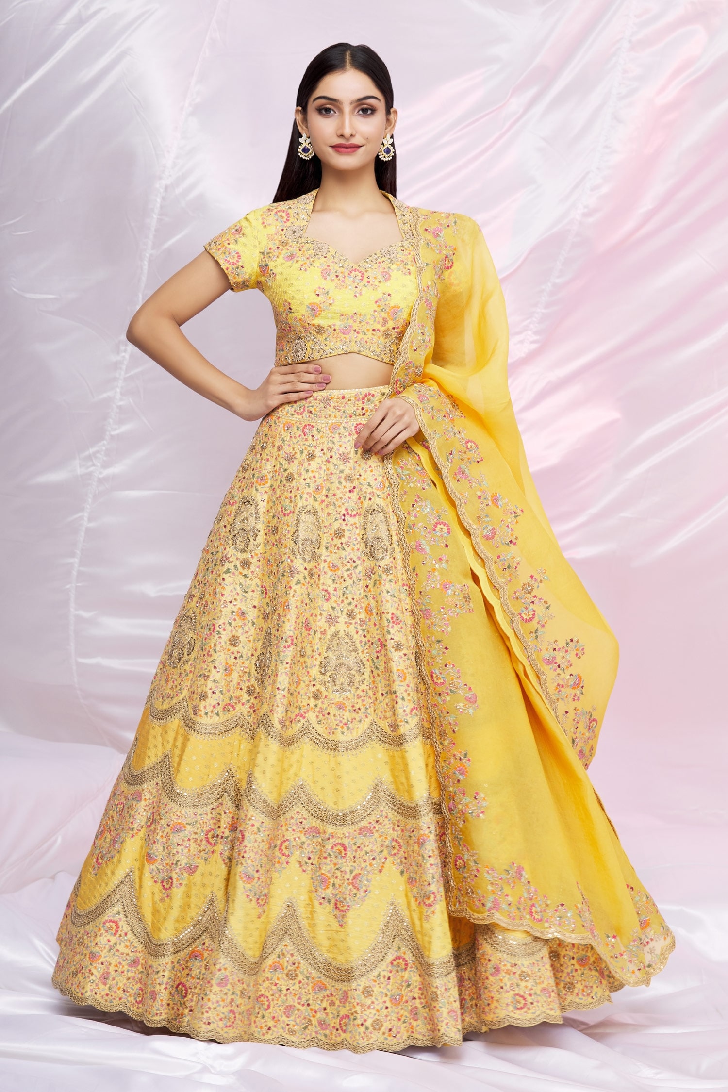 Buy Yellow and White Mirror Work and Brocade Lehenga With Flutter Sleeved  Blouse Online in India - Etsy