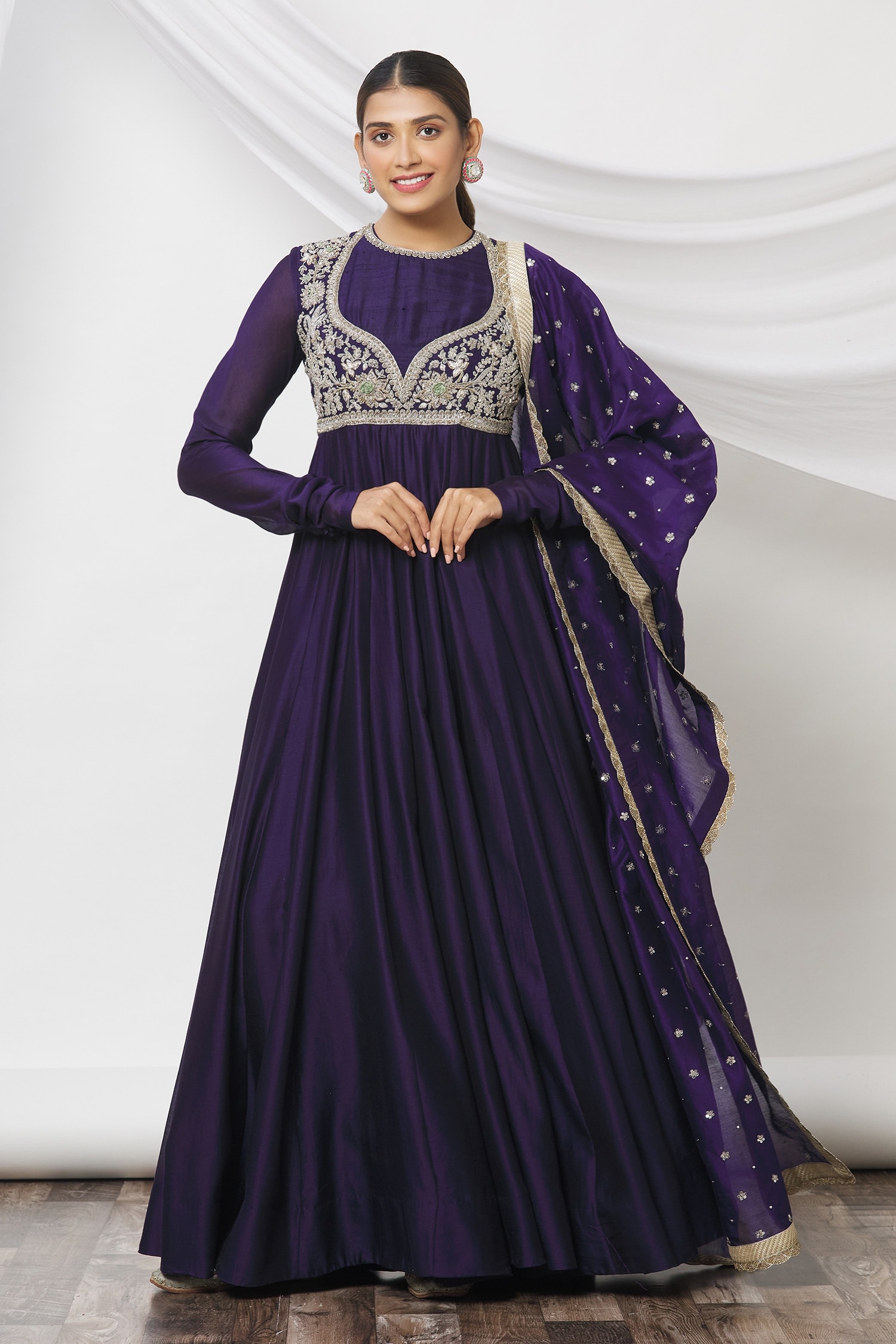 Buy JAYANTI REDDY Purple Gathered Sleeve Anarkali Set Online | Aza Fashions