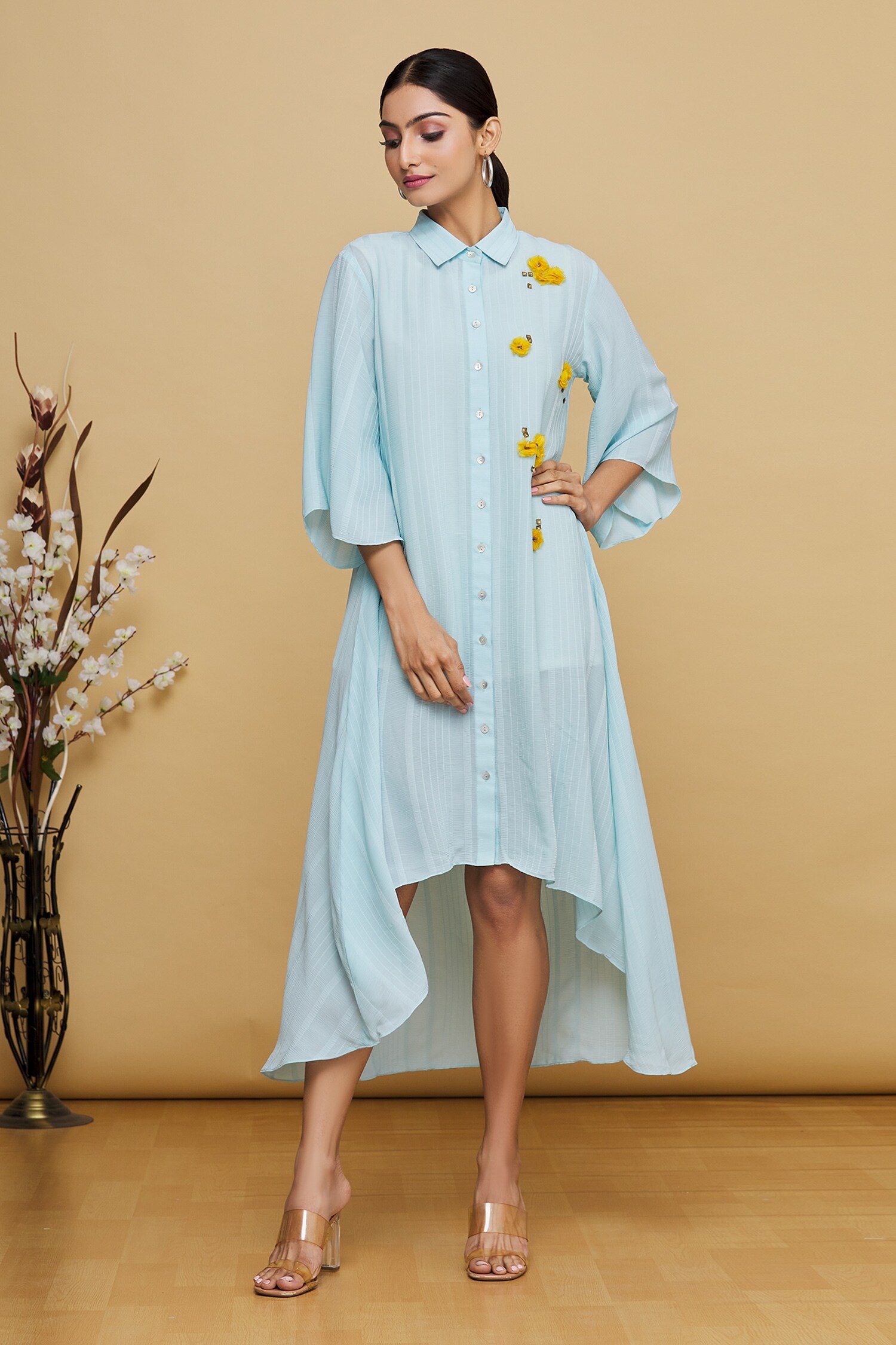 Buy Blue Striped Asymmetric Shirt Dress For Women by Nautanky Online at