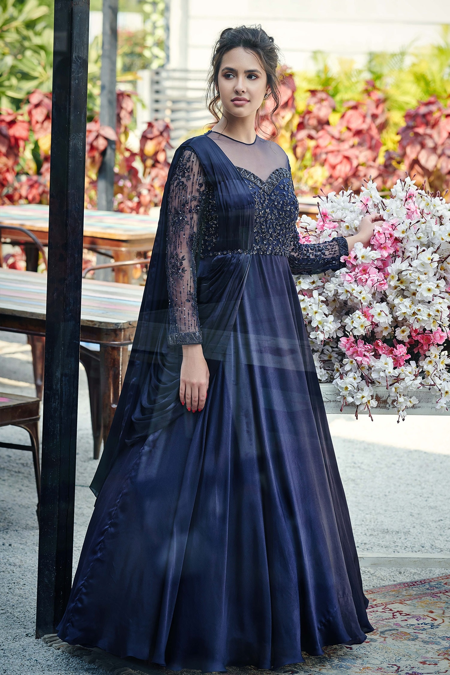 Blue Long pleated Gown with Sleeves - Dress me Royal