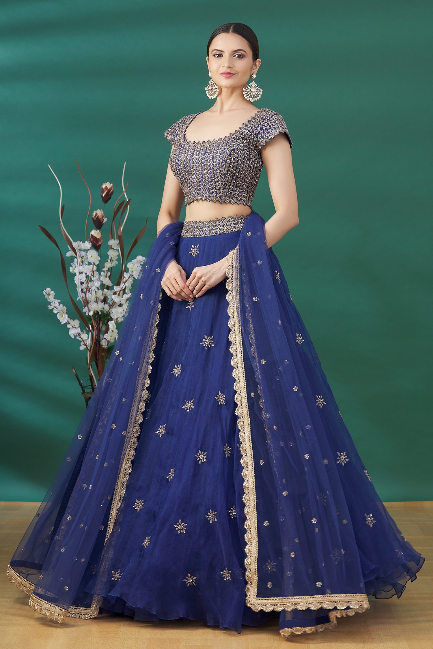 Buy Keerthi Kadire Blue Floral Embroidered Lehengas Set Online Aza