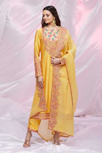Designer Divya Kanakia's Yellow Embroidered Crop top-Skirt with patola print  - Rent main image 0