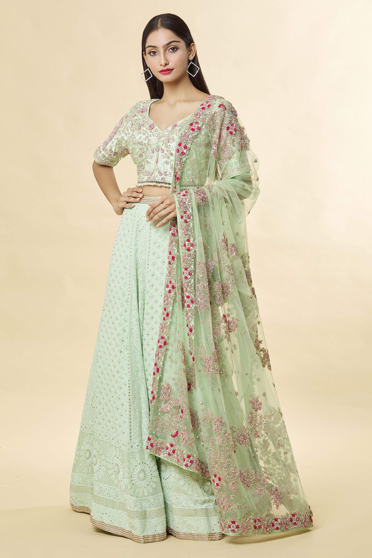 Buy Green Embroidered Chikankari V Neck Bridal Lehenga Set For Women by ...