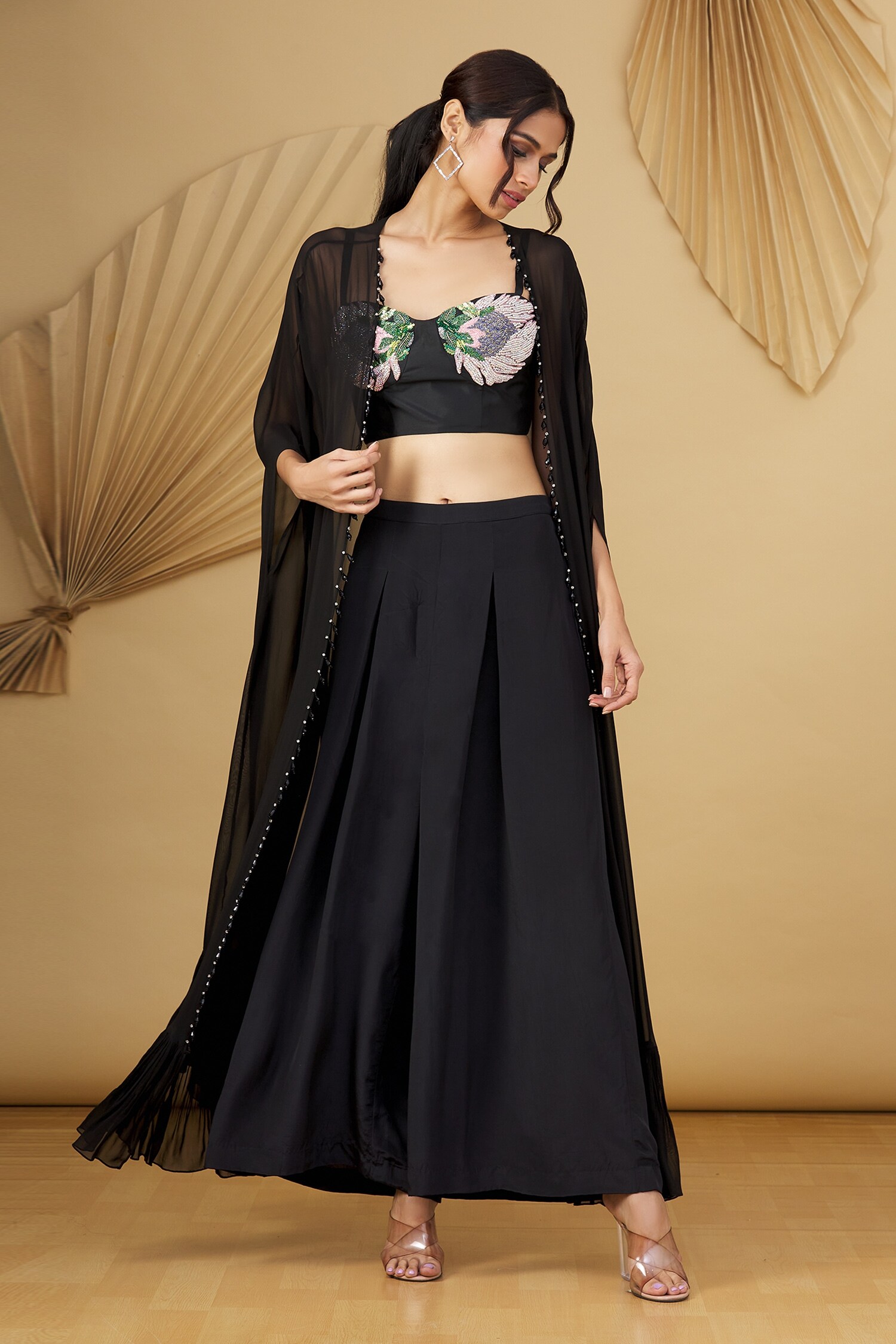 Rajat K Tangri - Black Georgette Embellishment Beads Long Cape And Pleated  Palazzo Set For Women