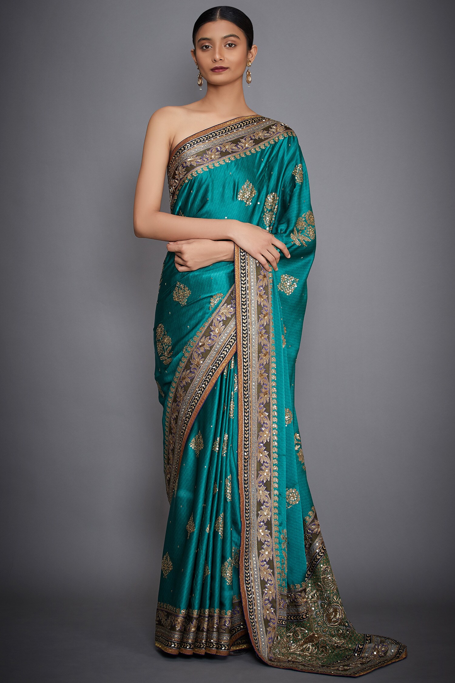 Buy Green Satin Embroidered Saree With Unstitched Blouse For Women by ...