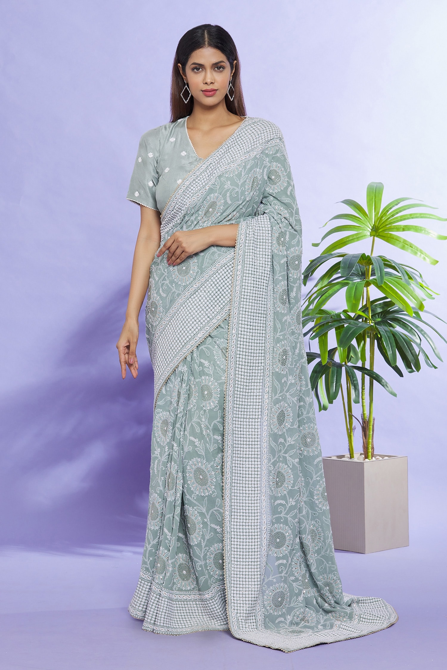 Buy Green Saree Georgette Embroidered And Sunflower With Blouse