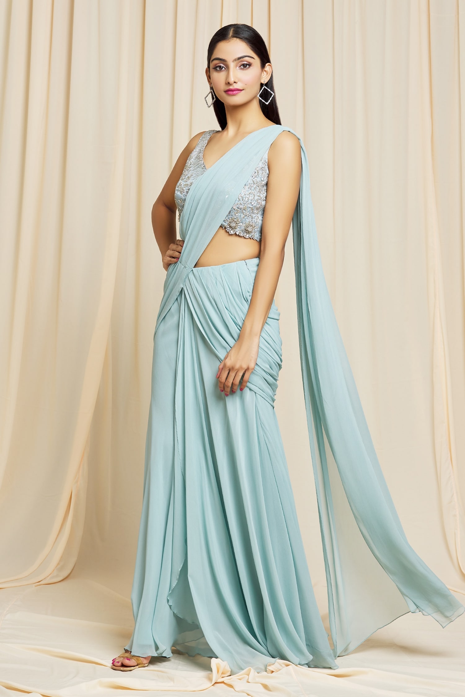 Buy Blue Georgette Embroidered Floral Hand Pre-stitched Saree