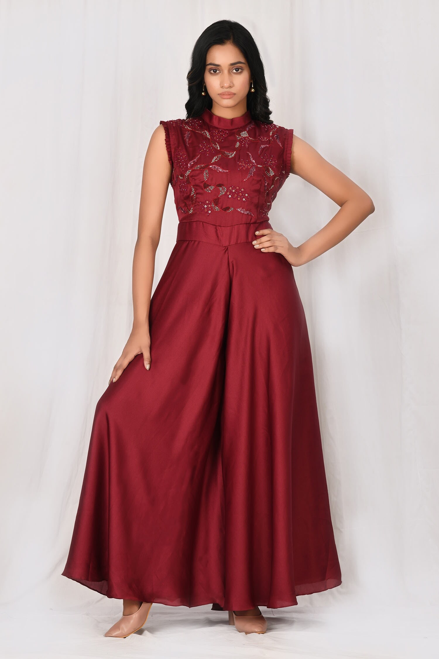 Buy Naintara Bajaj Maroon Silk Blend Embroidered Maxi Dress Online ...