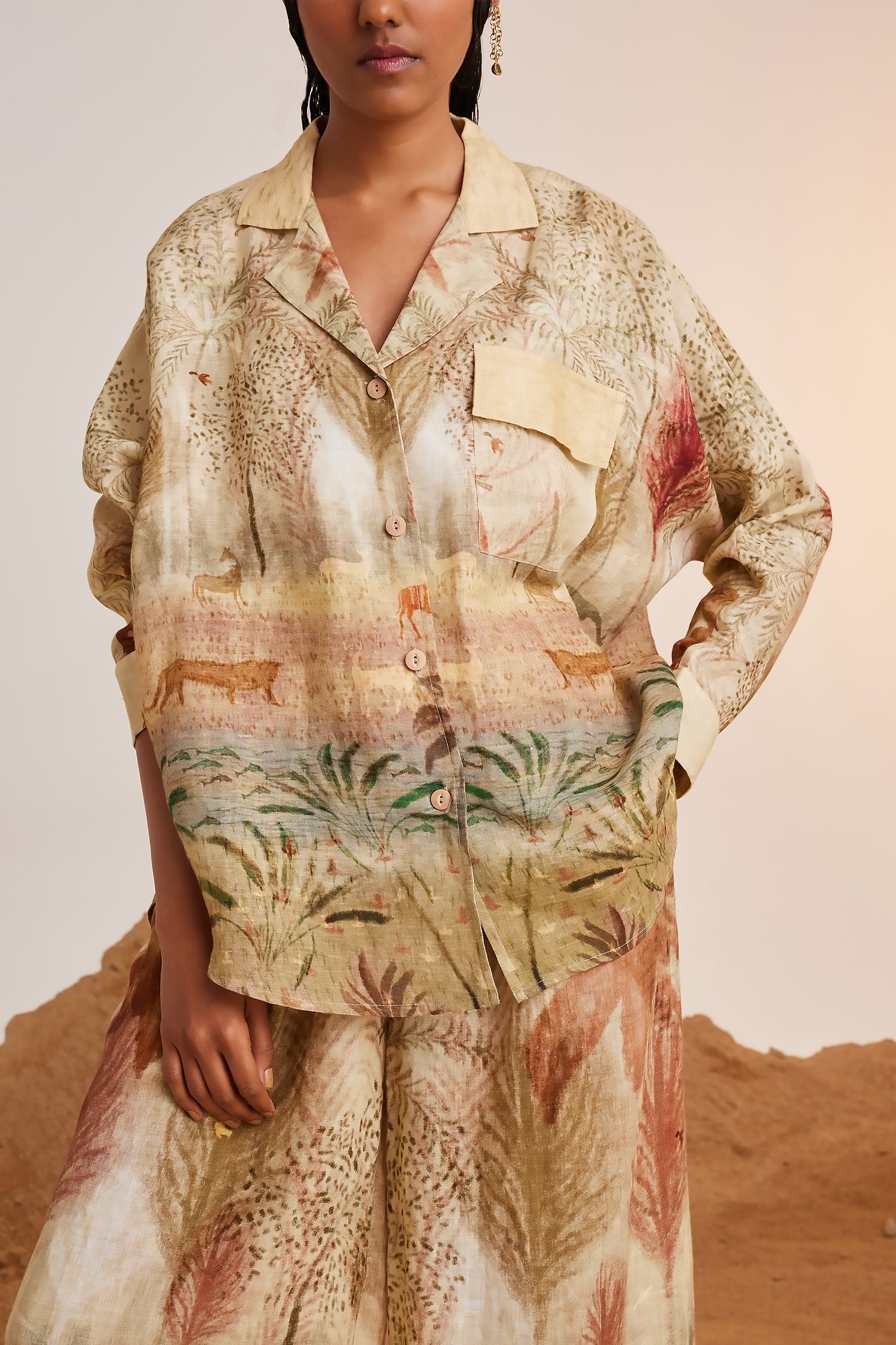 Buy Beige Linen Printed Botanical Notched Lapel Shirt And Flared Pant Set  For Women by Cord Online at Aza Fashions.