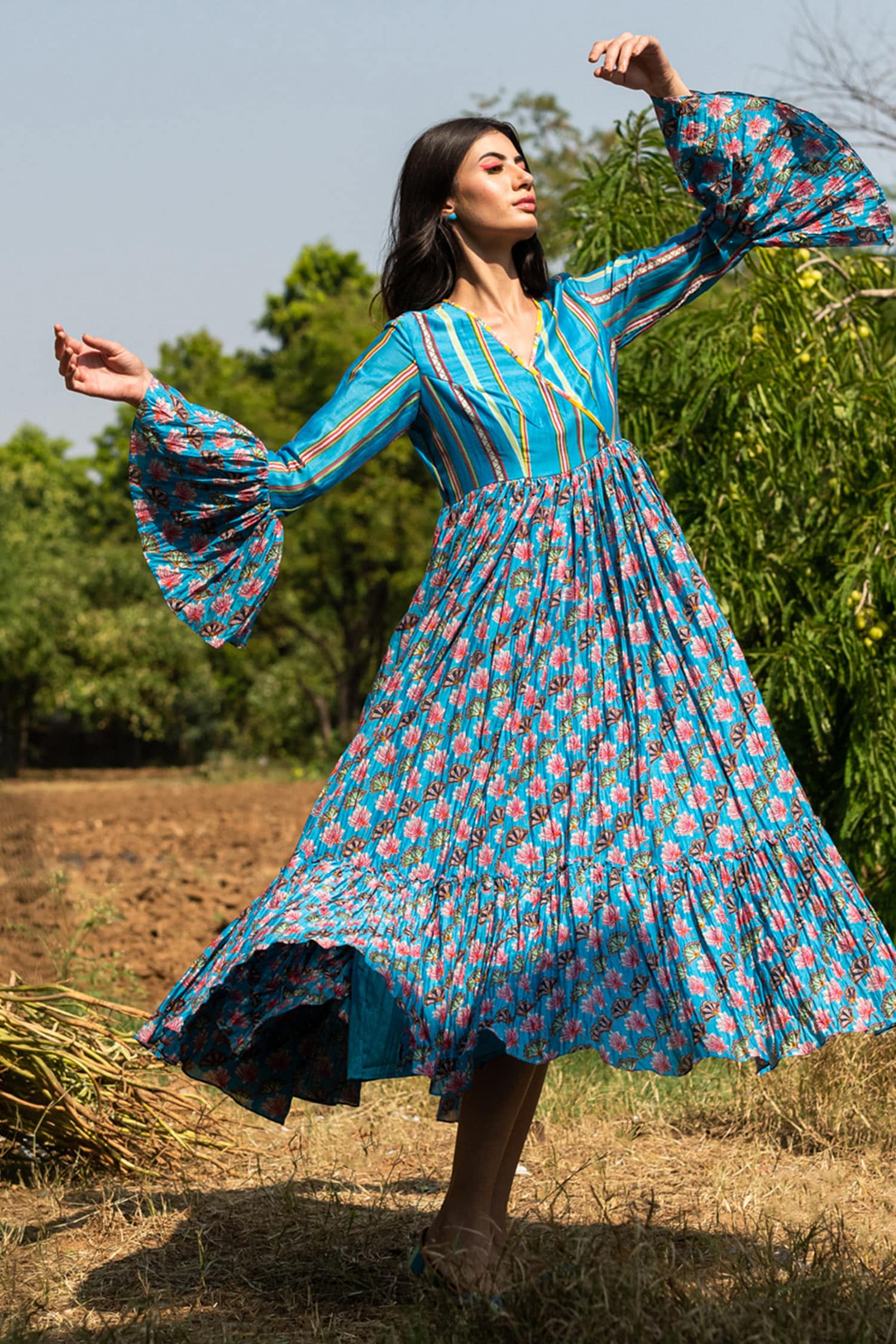 Buy Rang Swati Vijaivargie Blue Silk Chanderi Printed Dress Online ...