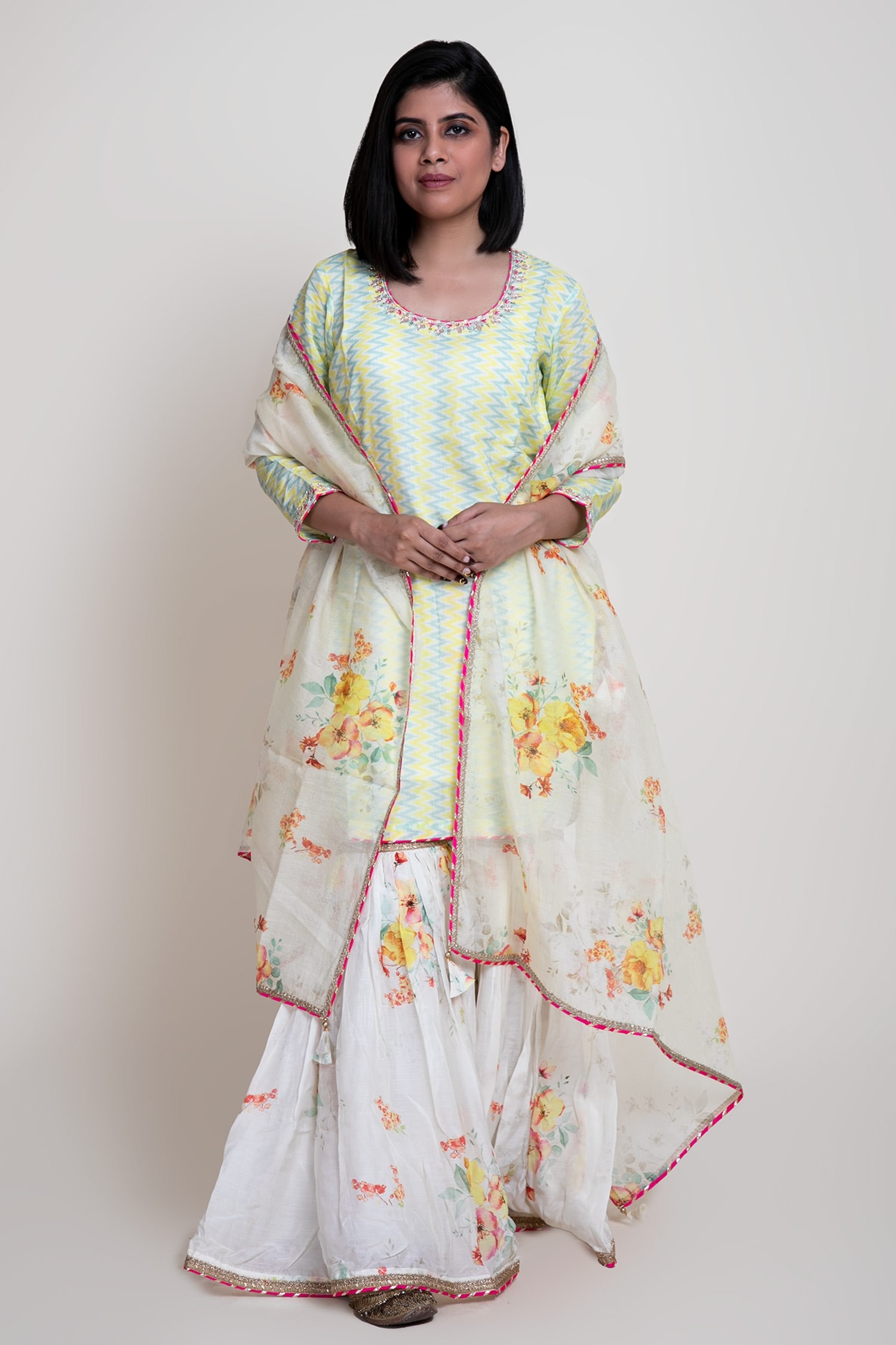 Buy White Cotton Silk Printed Digital Round Kurta Gharara Set For Women ...