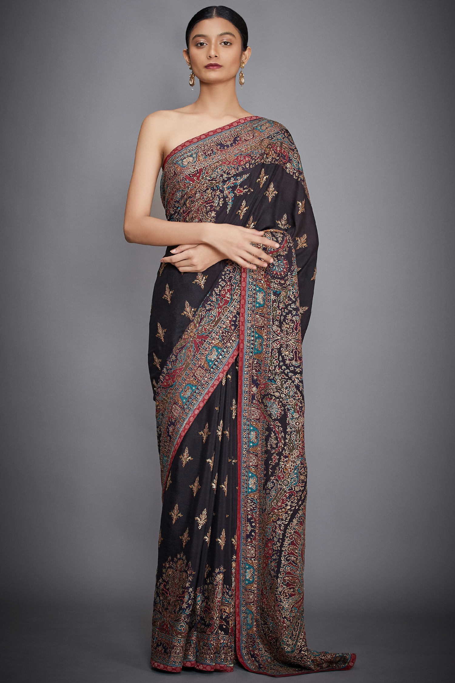 Buy Riritu Kumar Black Silk Chinon Embroidered Saree With Unstitched Blouse Fabric Online Aza 6884