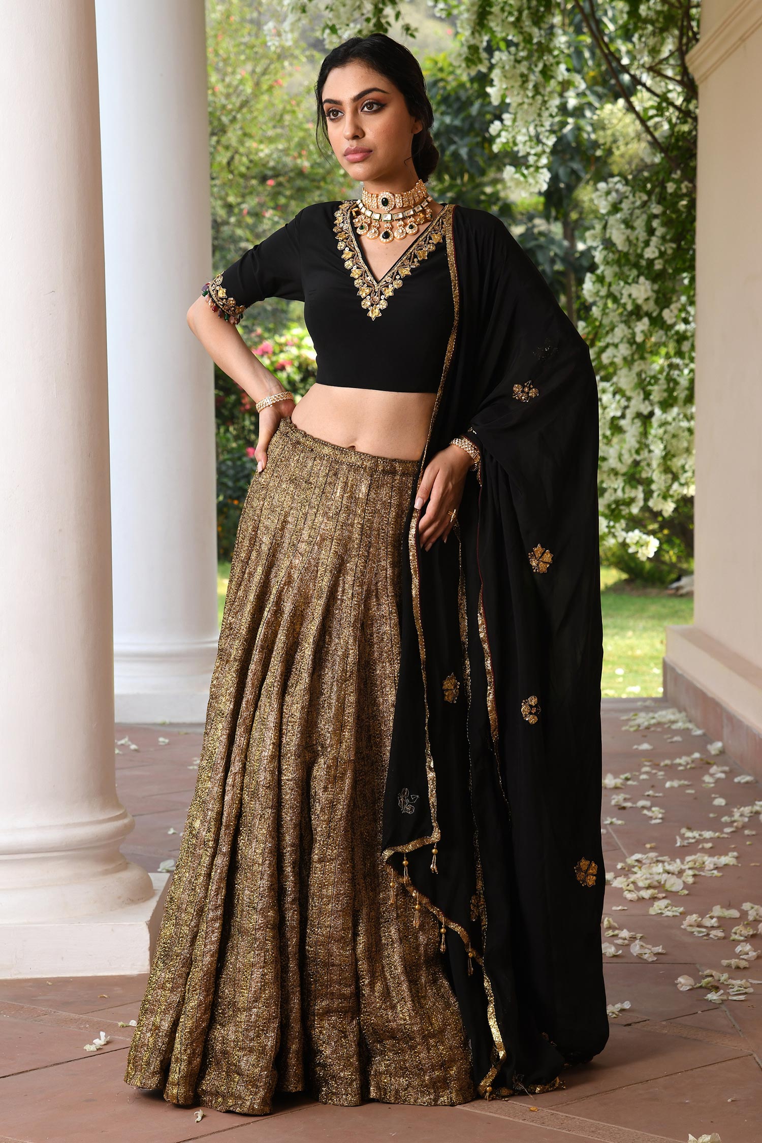 Gorgeous Black And Gold-Toned Semi-Stitched Lehenga And Unstitched Blouse  With Dupatta Set For Women