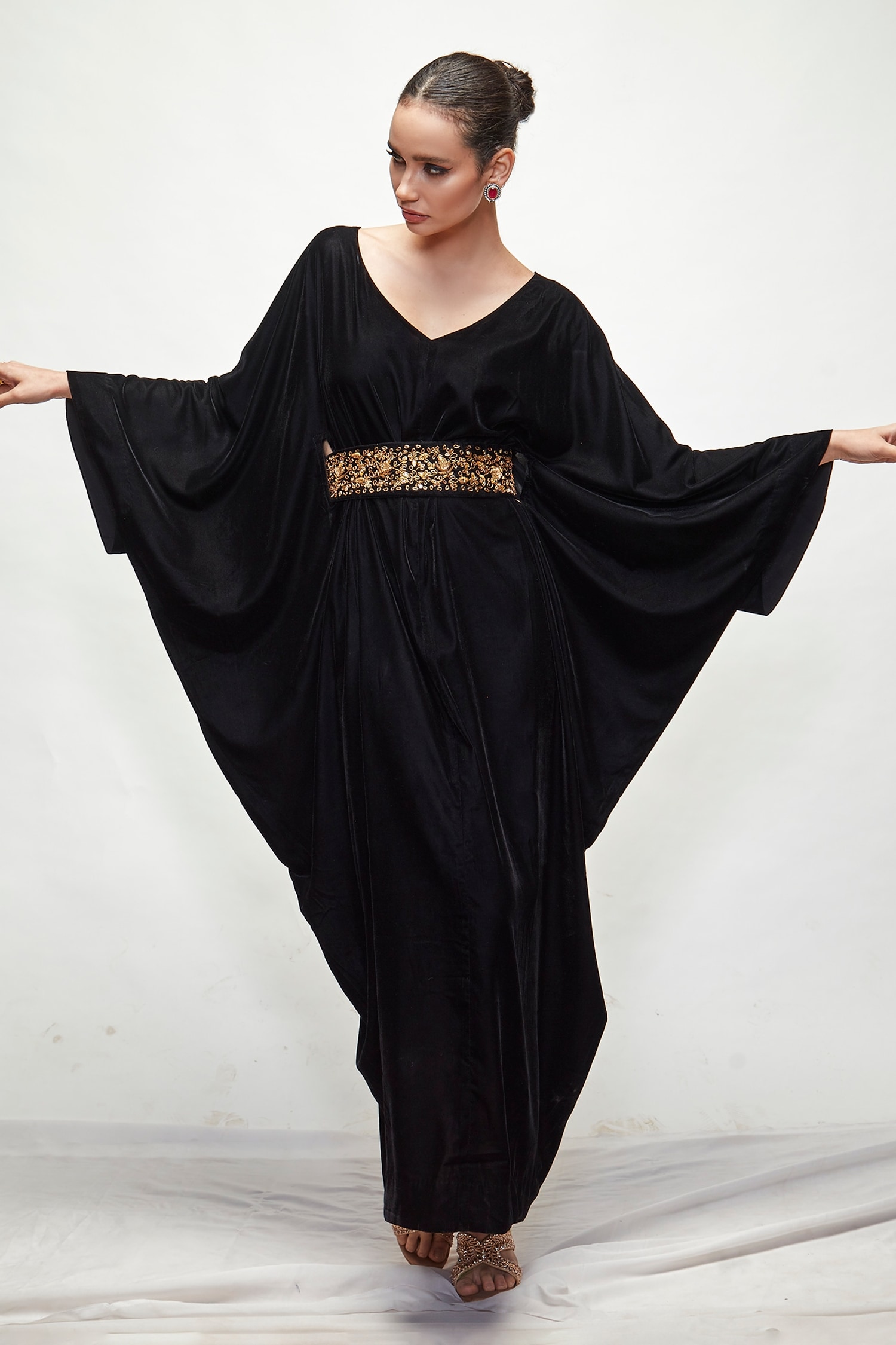 Buy Ranian Black Velvet Draped Kaftan Online | Aza Fashions