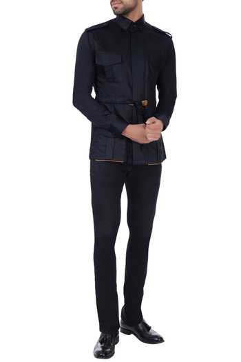 Buy Vavci Black military shirt with belt & epaulets Online Aza Fashions