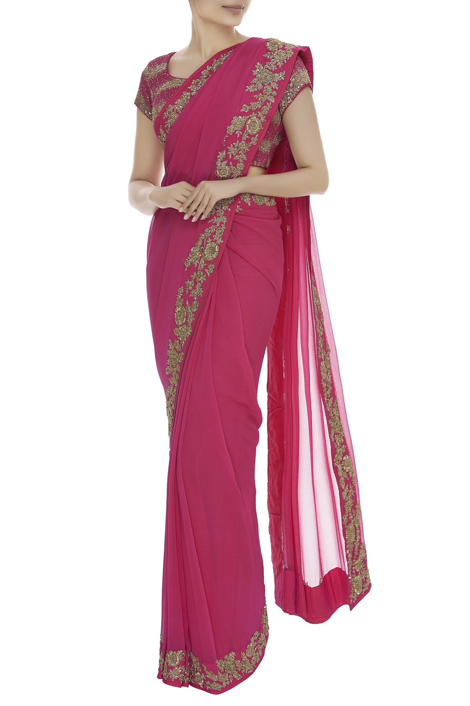 Buy Vikram Phadnis Pink Georgette Embroidered Saree With Blouse Online