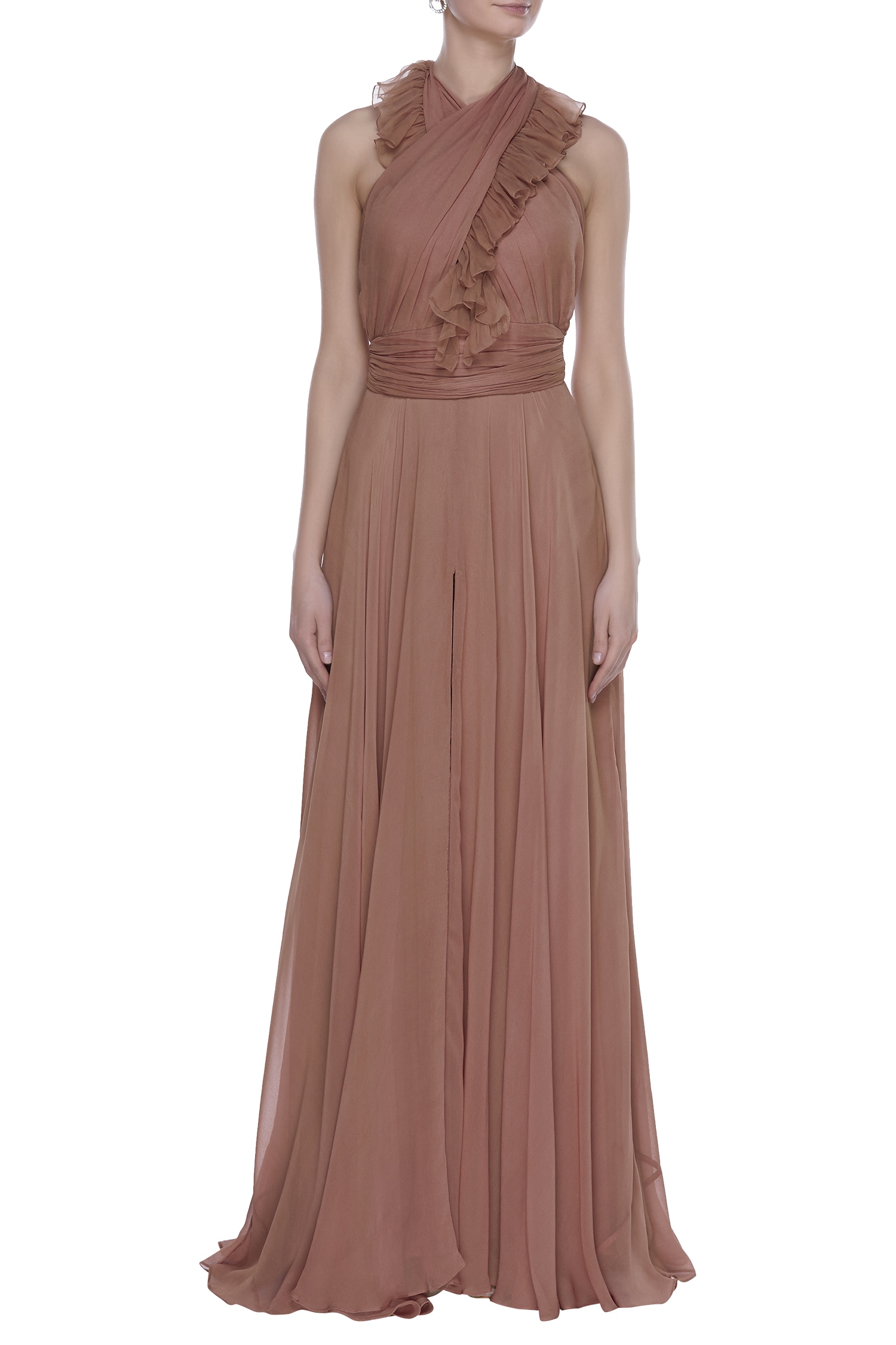 Buy Brown Georgette Criss Cross Neck Ruffle Gown For Women by