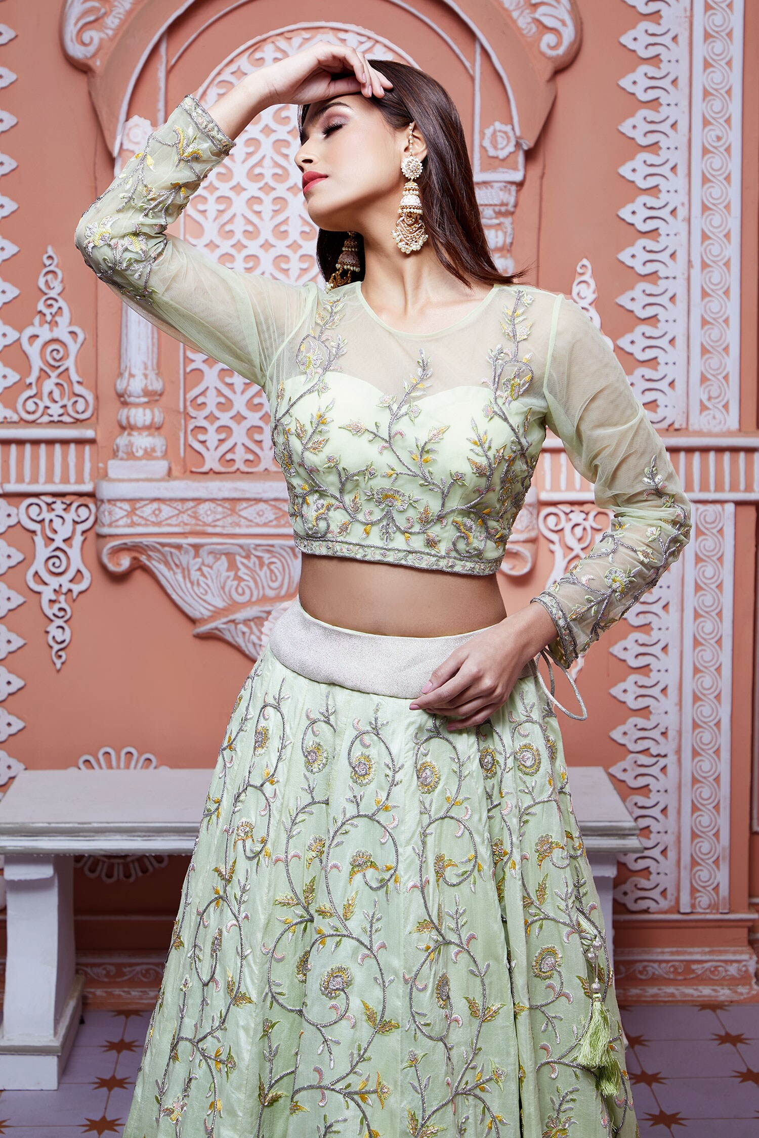 Buy Green Lehenga And Blouse Dupion Embroidered Floral Bridal Set For Women  by Aariyana Couture Online at Aza Fashions.