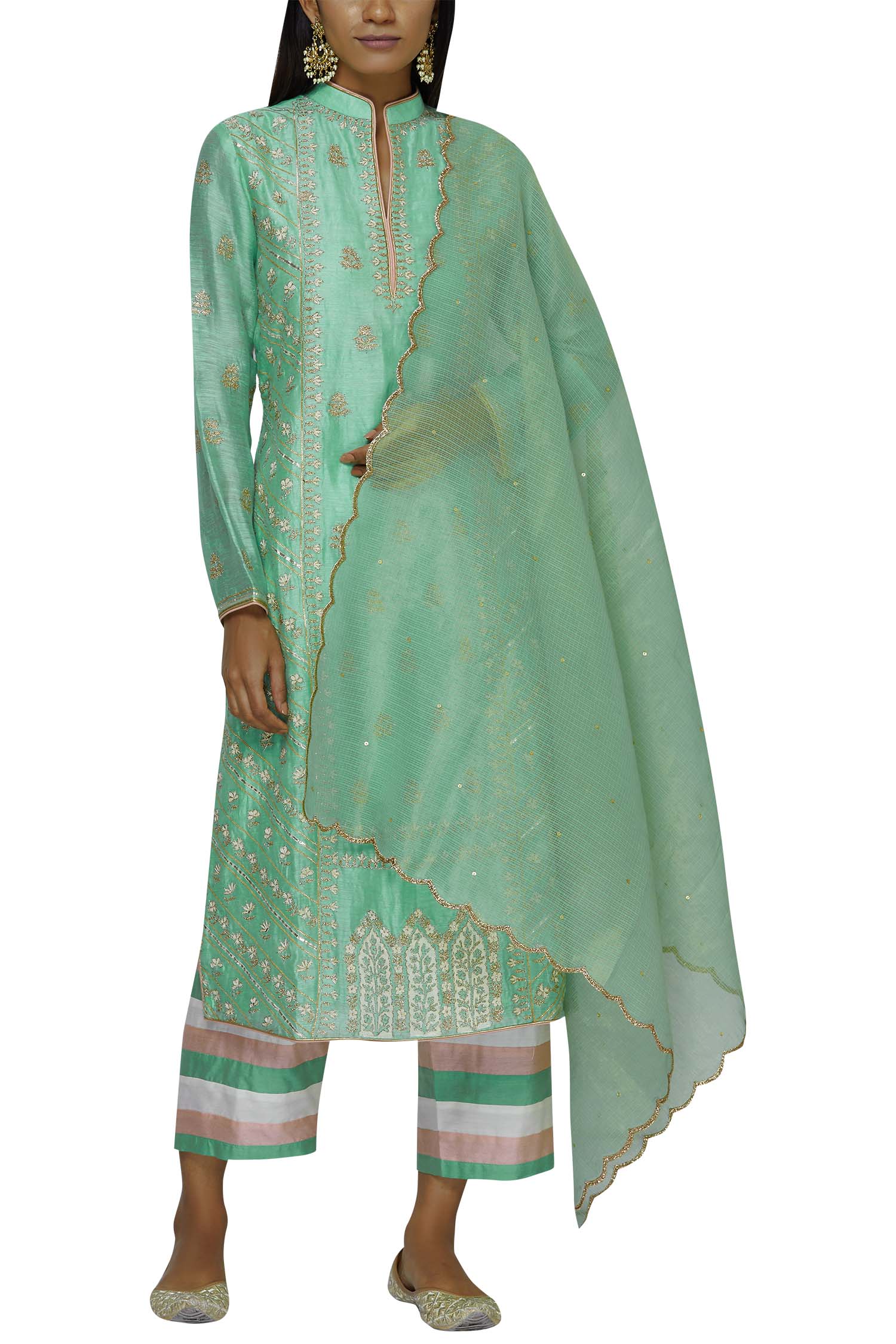 Buy Green Silk Chanderi Band Collar Embroidered Kurta Set For Women by