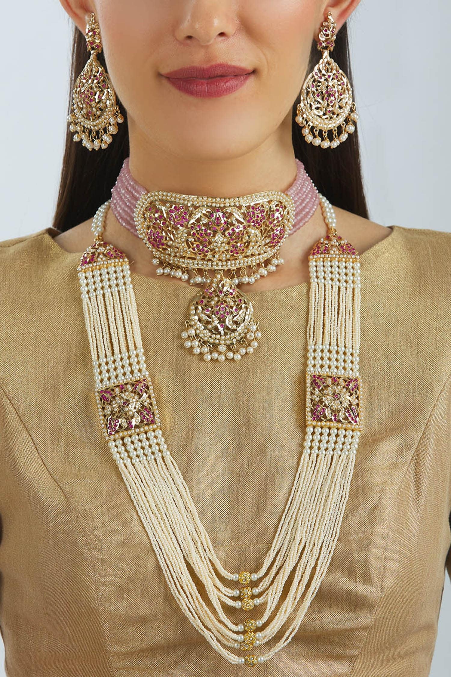 Buy Gold Plated Semi Precious Stones Layered Necklace Set By Moh Maya