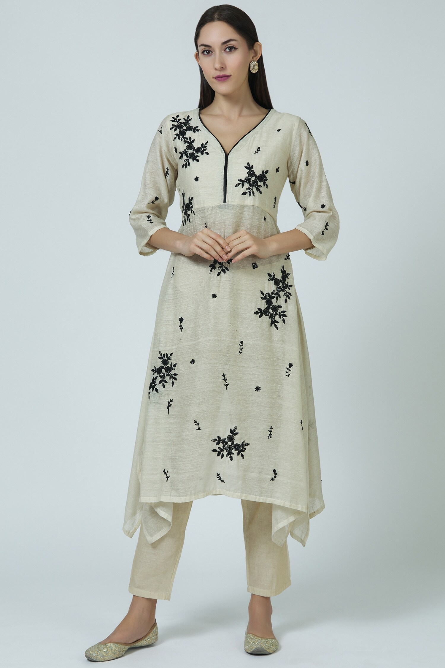 Buy Bhusattva Off White Organic Silk Embroidered Asymmetrical Kurta ...